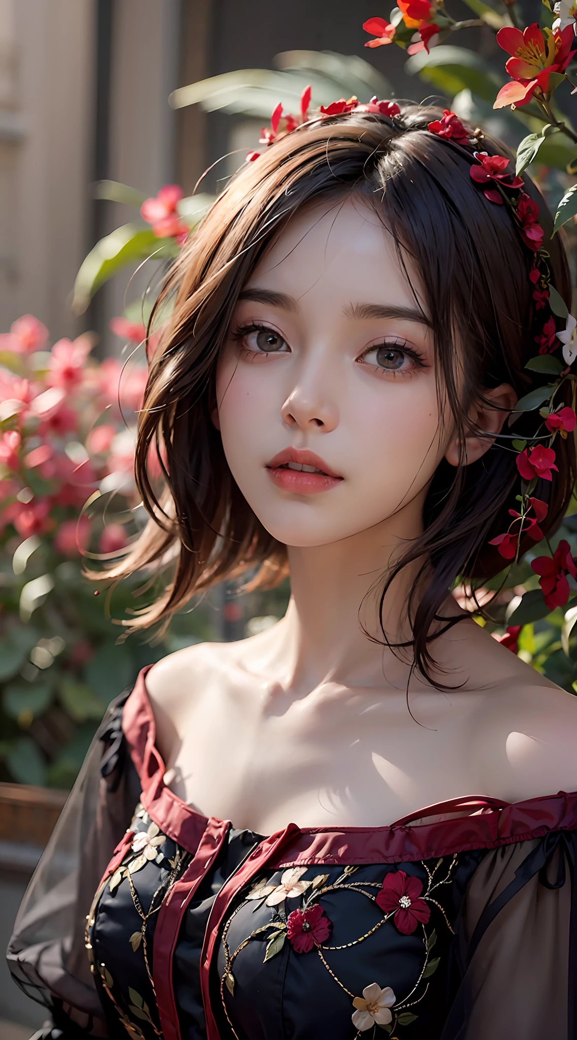 A beautiful young woman poses outside,A half body,dreamy hazy,In the style of Kawacy, Dark red and light black,webcam photography, Detailed costumes, Rodenstock Imagon 300mm F/5.8, Realistic impressions,soothing tones,pastel colour,