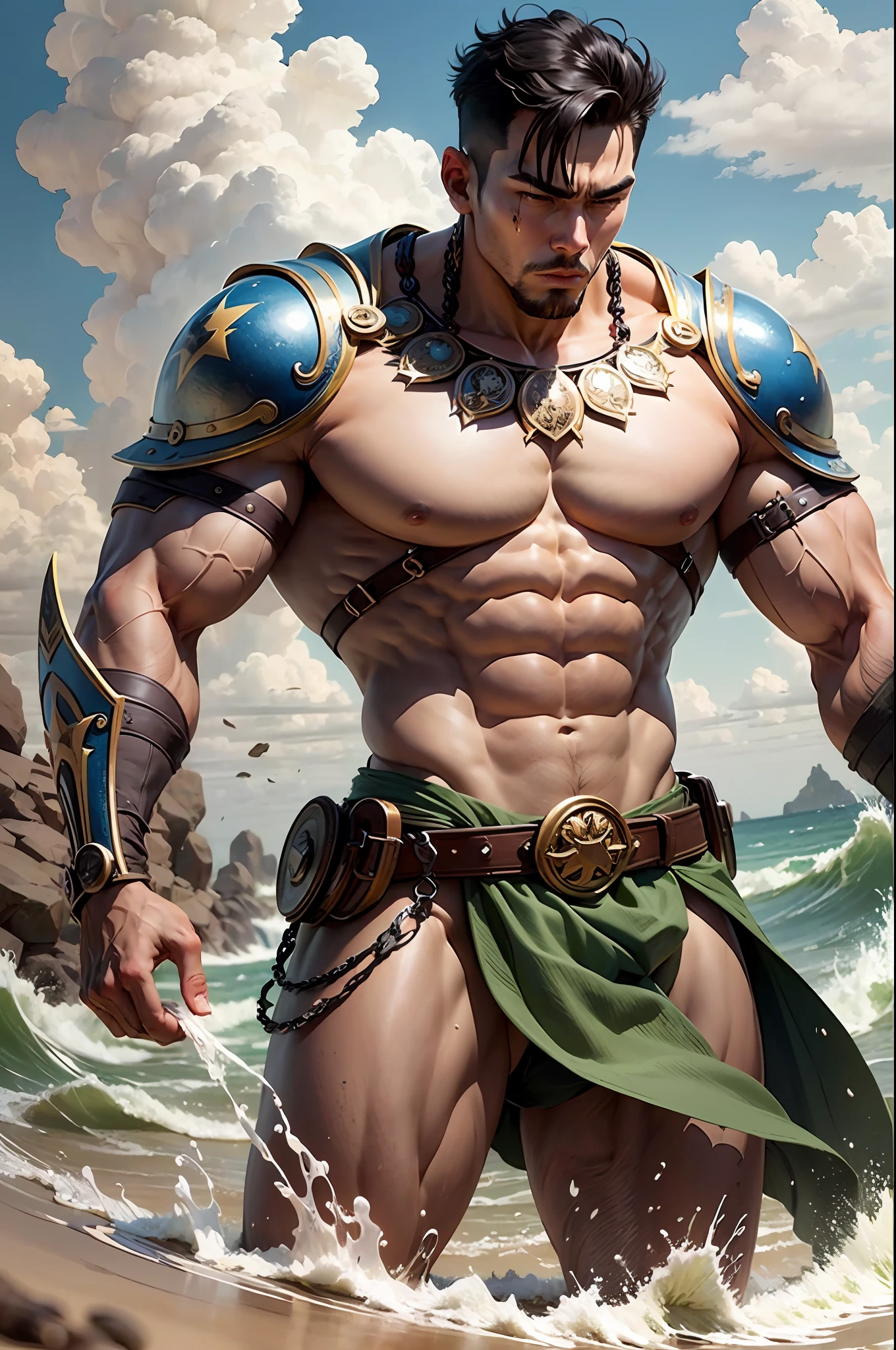Arafard man standing in cuirass and cuirass standing on sand, asian male, korean muscle boy 2 1 , big, muscular, inspired by Kim Hwan-ki, strong and muscular, developed abs, muscular, muscular man, torn, beautiful handsome body, strong, perfect military calm, upper body shooting. --auto --s2
