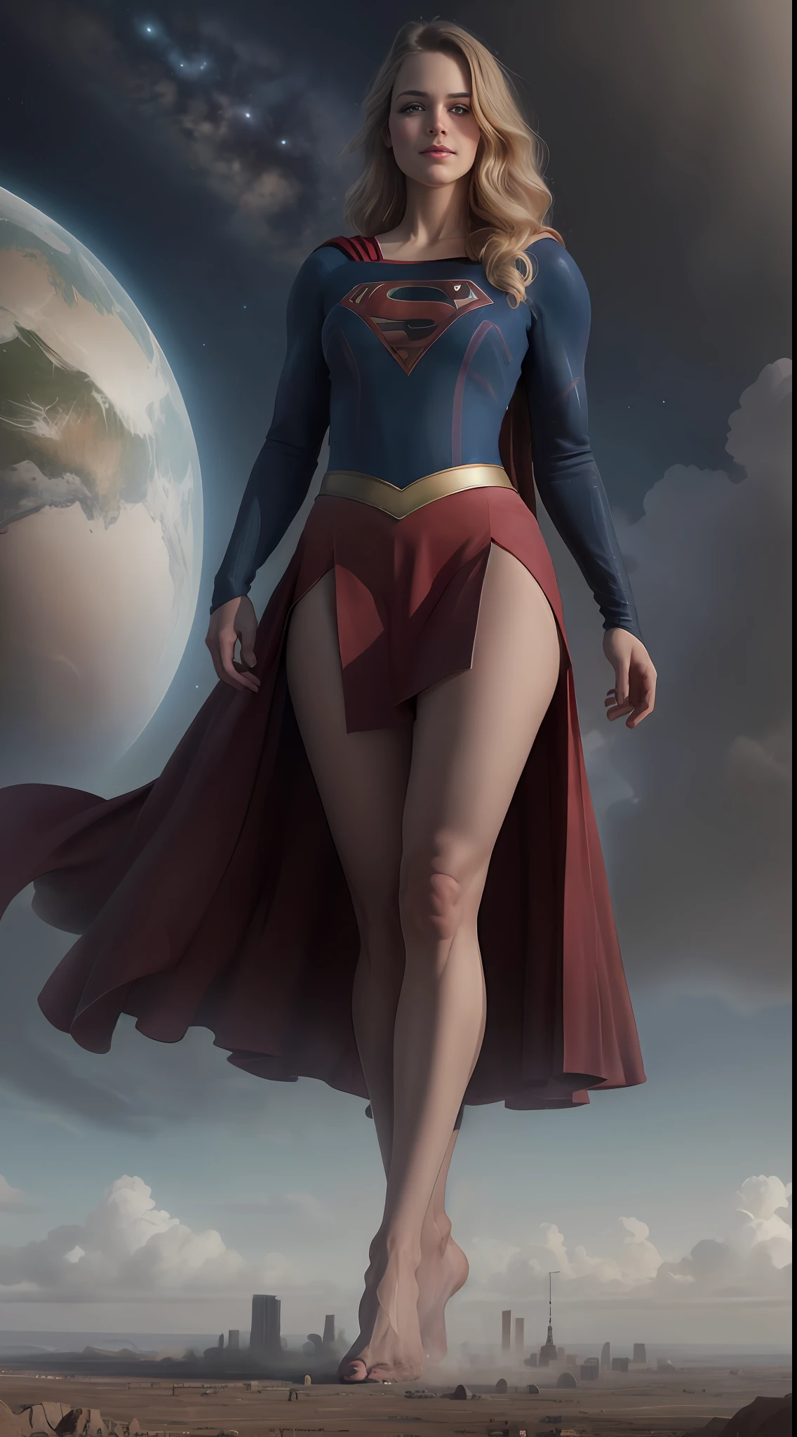 (((Towering over you))), face,supergirl Beautiful woman (20 years old, long blonde hair, blue eyes) defined body, detailed, using tube dress cosplay supergirl suite, smirking, standing on a planet in space with her full body in view, cosmic background, furrowed brow, barefoot