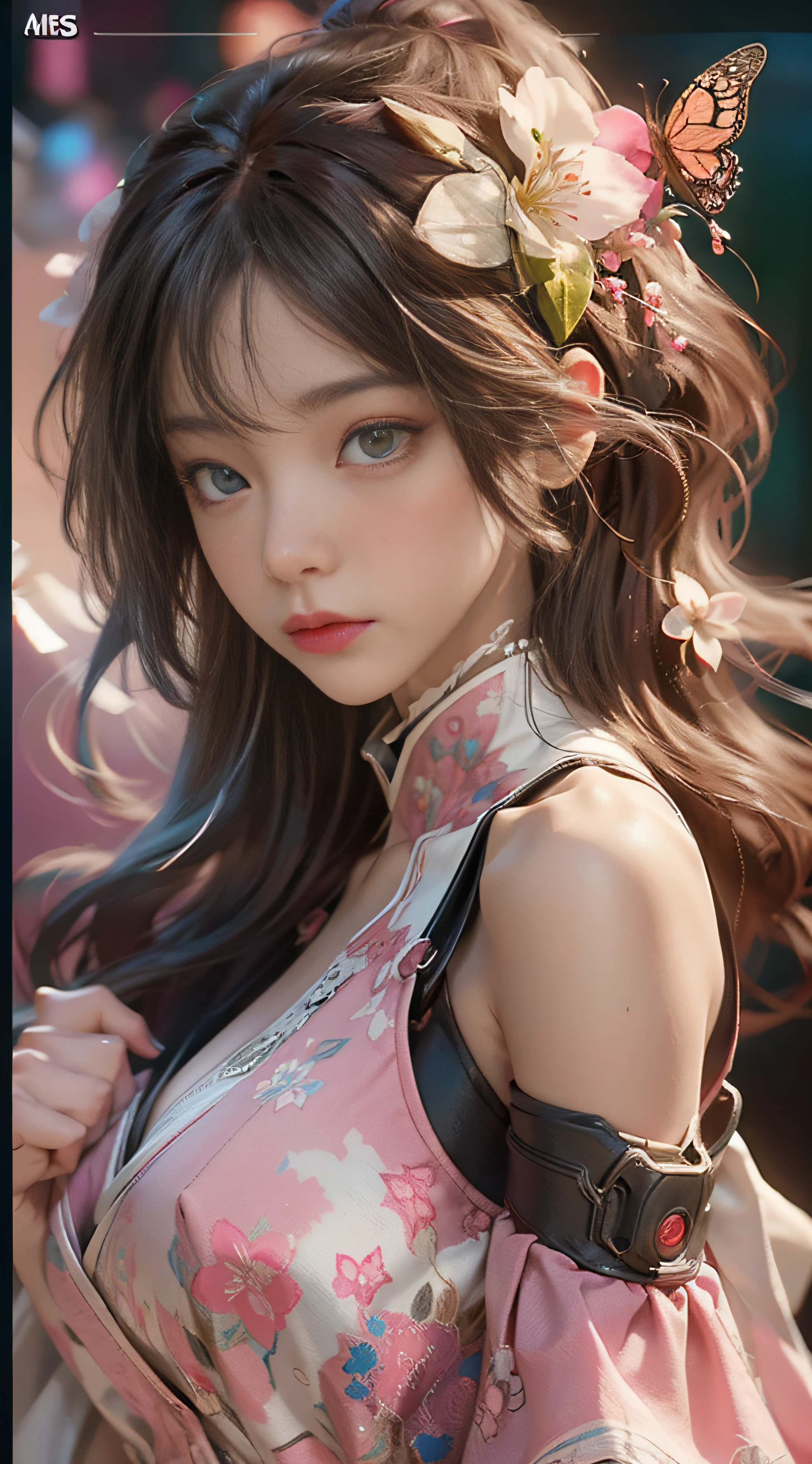 （（best qualtiy））， （（tmasterpiece））， （Detail：1.4）， 3D， Beautiful cyberpunk female images，hdr（HighDynamicRange），Ray traching，NVIDIA RTX，Hyper-Resolution，illusory 5，sub surface scattering，PBR textures，post-proces，Anisotropy Filtering，depth of fields，maximum definition and sharpness，Many-Layer Textures，Albedo e mapas Speculares，Surface Coloring，Mitsu-Accurate simulation of material interactions，perfectly proportioned，rendering by octane，Two-colored light，largeaperture，Low ISO，White balance，Rule three points、8K raw data、beautiful bright pupils，off-the-shoulder clothes，Fine pupils，Delicate face and eyes，long eyelasher，Blushlush，Delicate and fluffy hair，pink lip，Pure，cute big breasts，Sweet girl，Artistic sense，Casual wear，Advancedsense，butterflys，Cherry blossom petal，Beautiful hair accessories，Long hair and waist，Hair fluttering in the wind