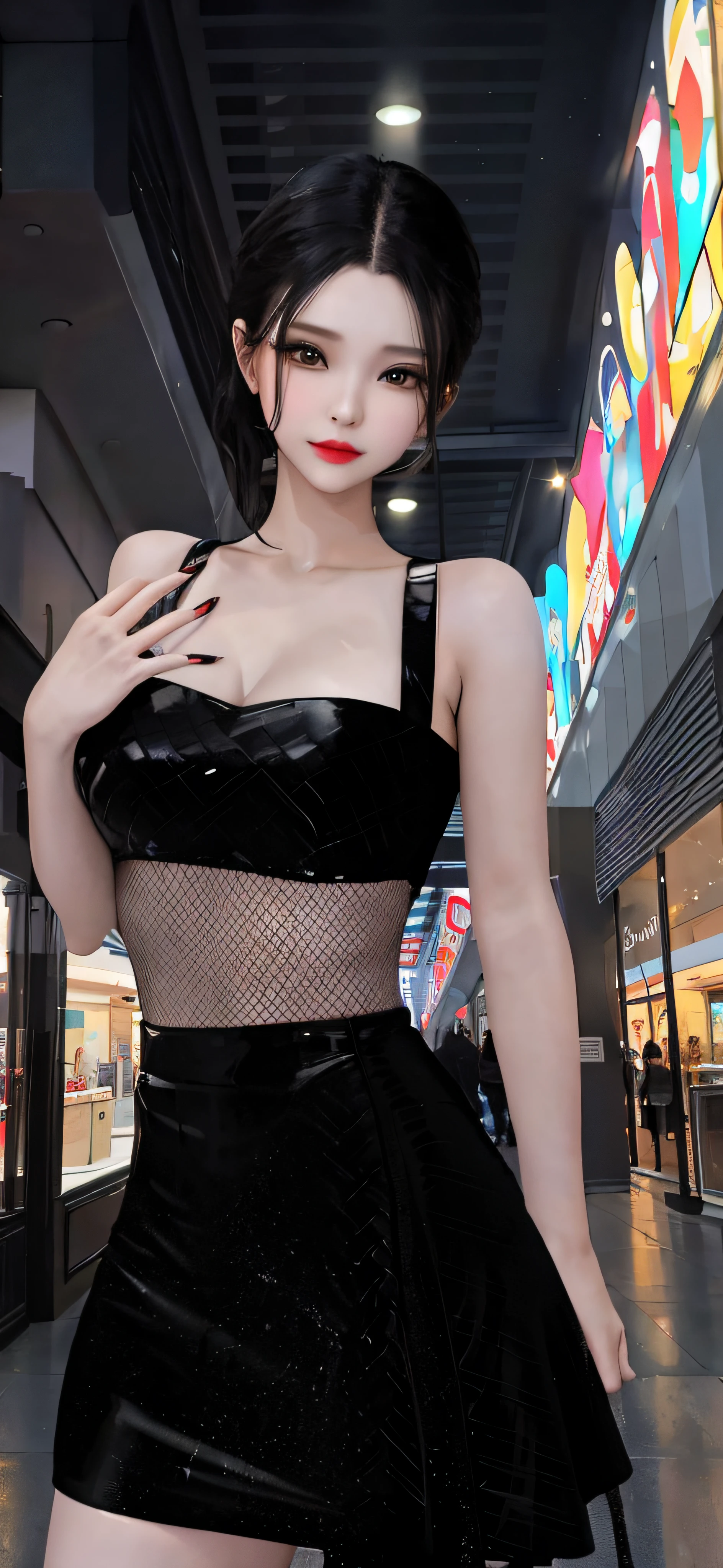 there is a woman in a short skirt posing for a picture, In the city, mall goth, Elegant Pose, Shiny black dress, in mall, high resolution, Translucent dress,Pouting lips