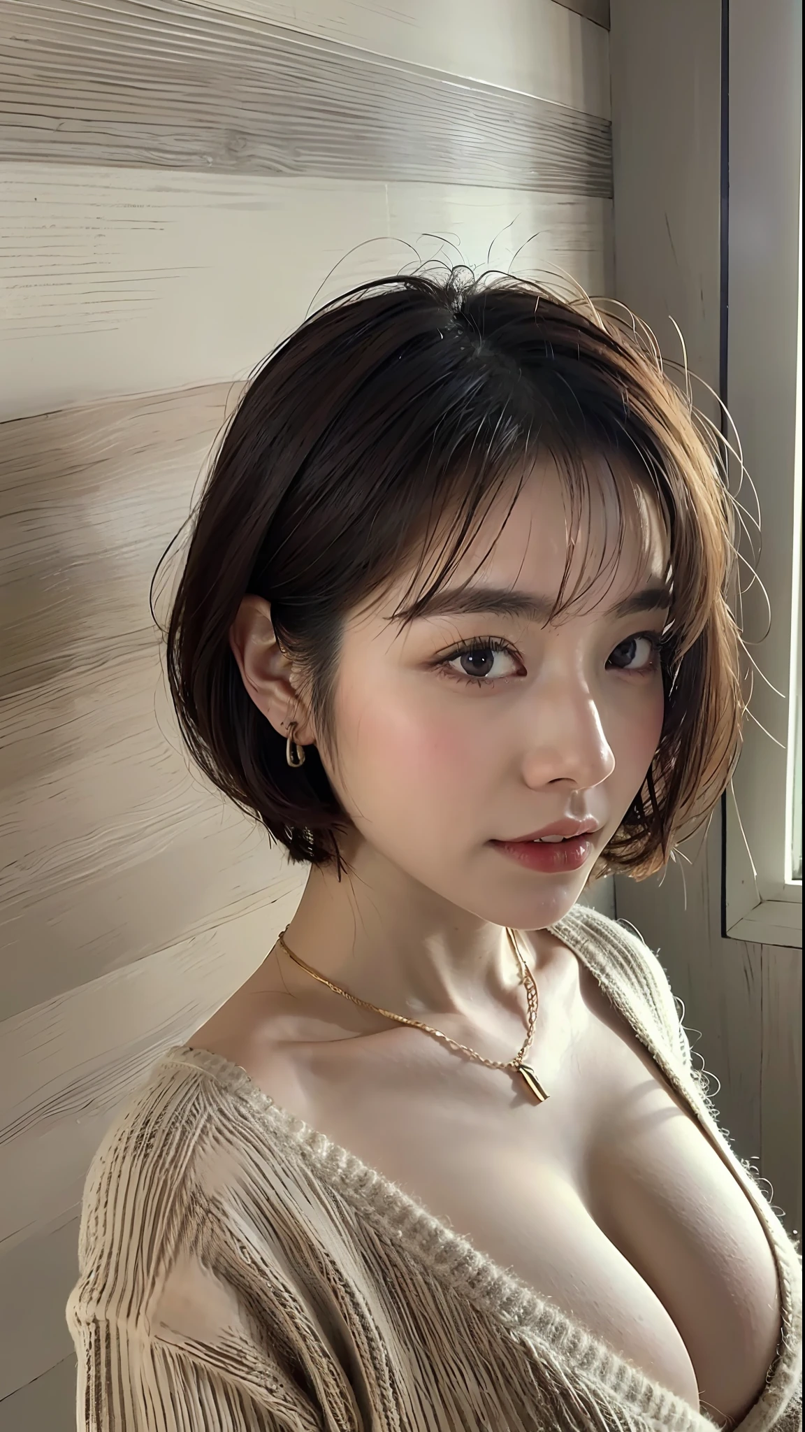 (Best quality, 8k, 32k, Masterpiece, UHD:1.2),Photo of Pretty Japanese woman, large breasts, very short bob hair,upper body,face focus,oversized_sweater, necklace, simple background, from above, looking at viewer,