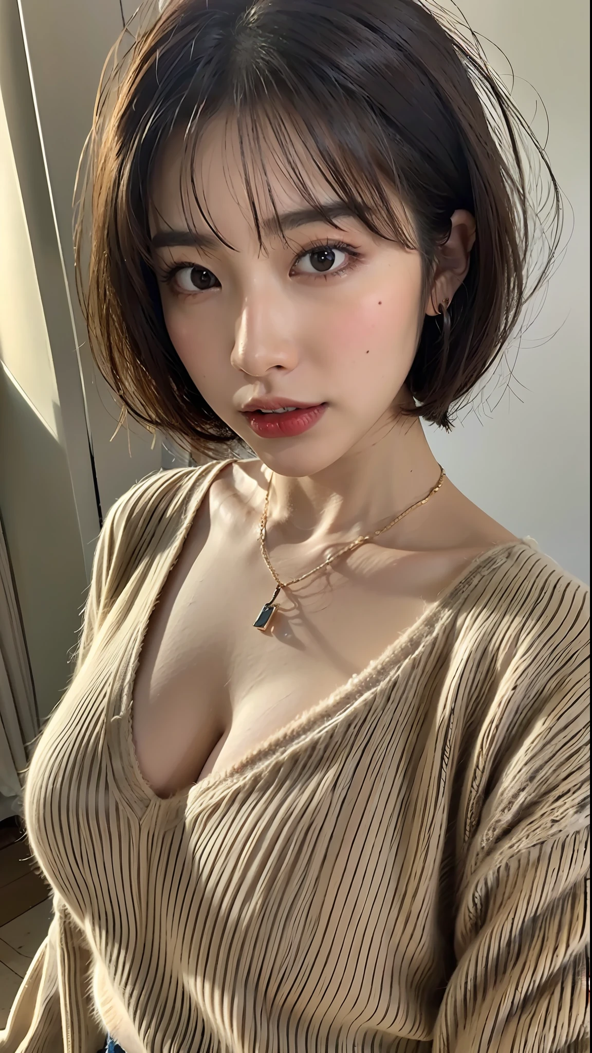 (Best quality, 8k, 32k, Masterpiece, UHD:1.2),Photo of Pretty Japanese woman, large breasts, very short bob hair,upper body,face focus,oversized_sweater, necklace, simple background, from above, looking at viewer,