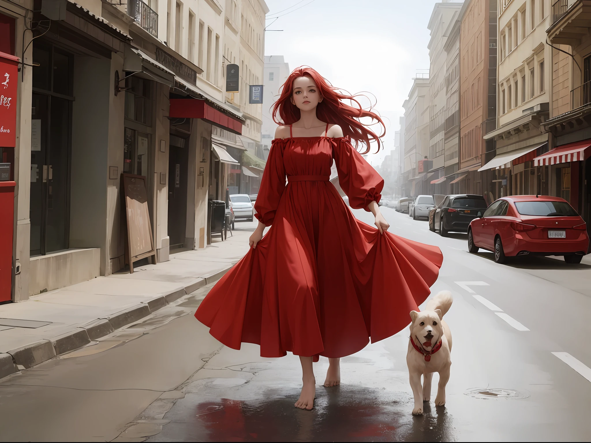 A girl in a long dress,red tinted hair,Barefoot,Leading a dog,Walk on the stalls --auto