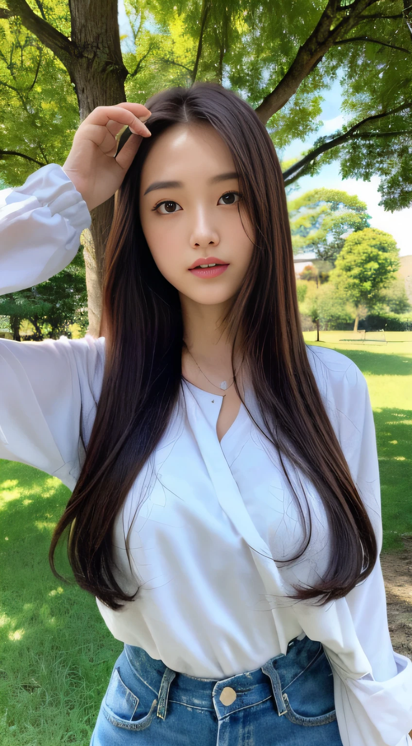 (natta, Need, 8K, tmasterpiece:1.3)), full bodyesbian, Long legs, Focalors:1.2, perfect figure beautiful woman:1.4, Slim abs:1.1, ((Dark brown hair, large tities:1.2 )), (Harnes,The shirt,Manteau,Side head:1.2,), ((zona rural, :1.3)), Highly detailed facial and skin texture, A detailed eye, 二重まぶた,Flying long hair,Panoramas,Under the trees,scenecy