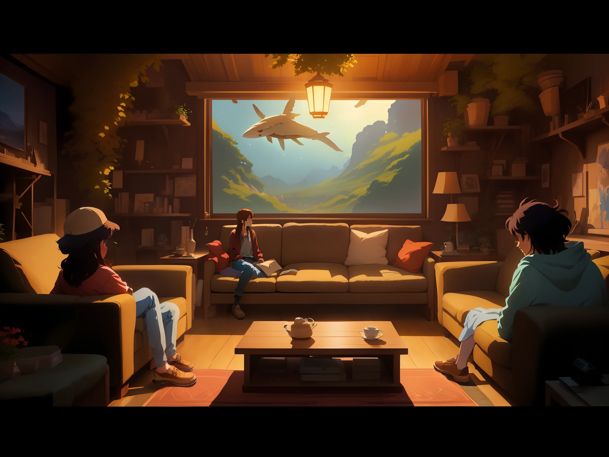 there are people sitting in a living room watching a movie, relaxing concept art, studio ghibli sunlight, ghibli studio style, studio ghibli artstyle, inspired by sylvain sarrailh, ghibli artstyle, ghibli art style, ghibli studio anime style, in style of studio ghibli, interior background art, cyril rolando and goro fujita, studio ghibli style, ghibli inspired