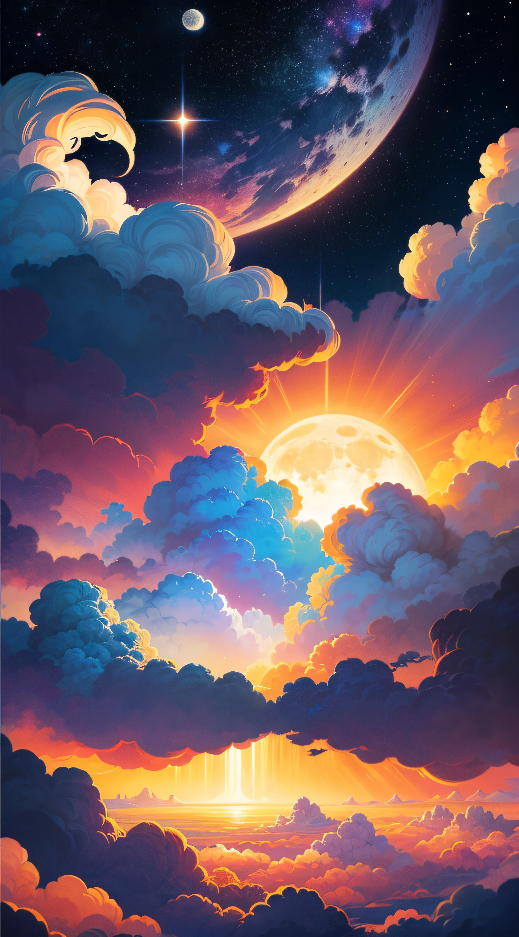 themoon,As estrelas,clouds ,Colorful,Vivid colors,high high quality, Clouds, Golden clouds, epic landscapes, Ray traching, 8K, tmasterpiece,Colorful,Vivid colors