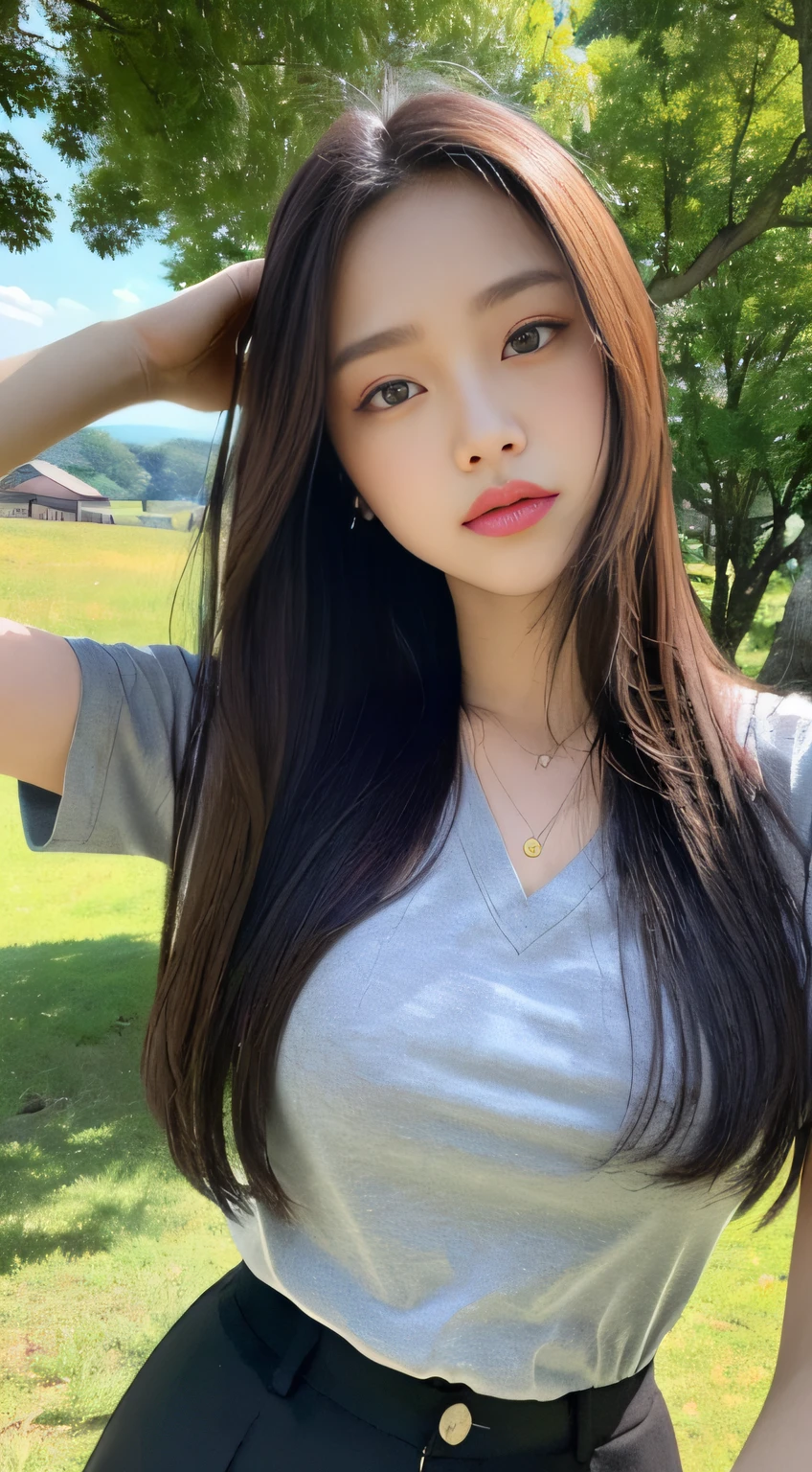 (natta, Need, 8K, tmasterpiece:1.3)), full bodyesbian, Long legs, Focalors:1.2, perfect figure beautiful woman:1.4, Slim abs:1.1, ((Dark brown hair, large tities:1.2 )), (Harnes，The shirt，Side head:1.2,), ((zona rural, :1.3)), Highly detailed facial and skin texture, A detailed eye, 二重まぶた，Flying long hair，Panoramas，Under the trees，scenecy