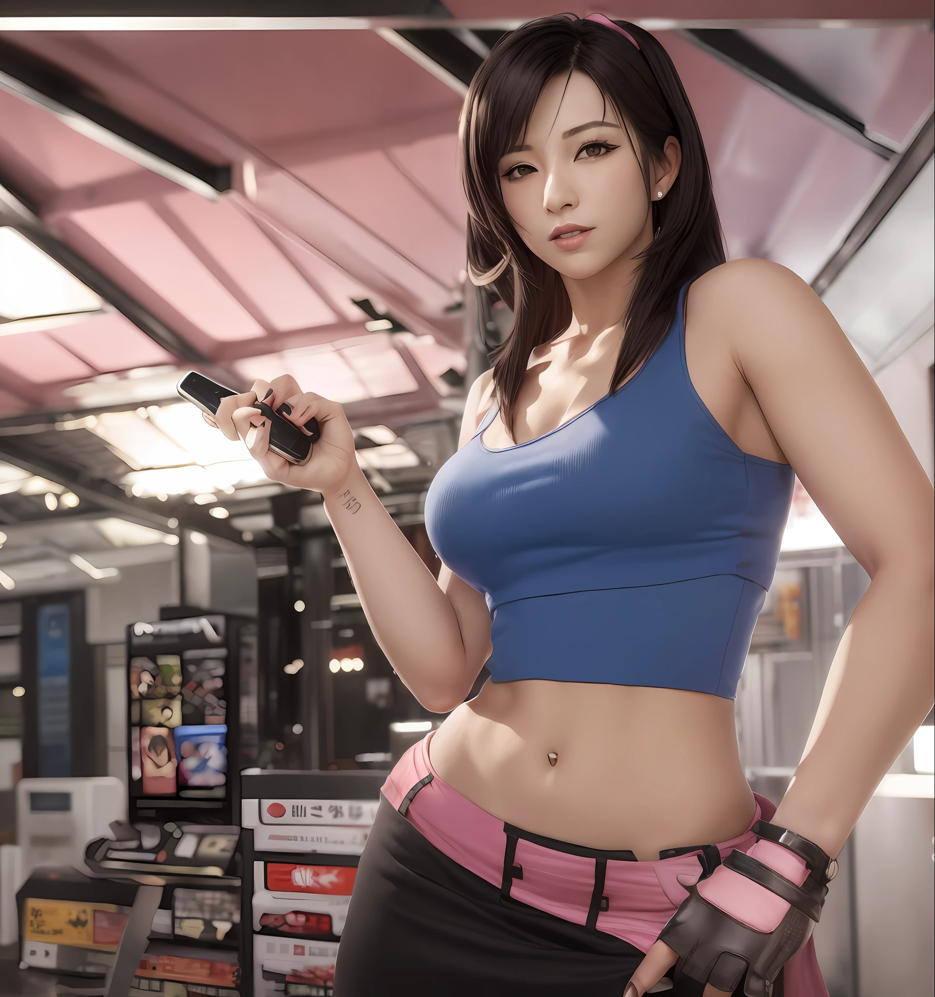 there is a woman in a pink top and blue skirt holding a remote, tifa, as a character in tekken, tifa lockhart, tifa lockheart, glamorous tifa lockheart, rings asuka iwakura station game, fighter pose, portrait of tifa lockhart, yayoi kasuma, fighting pose, style game square enix