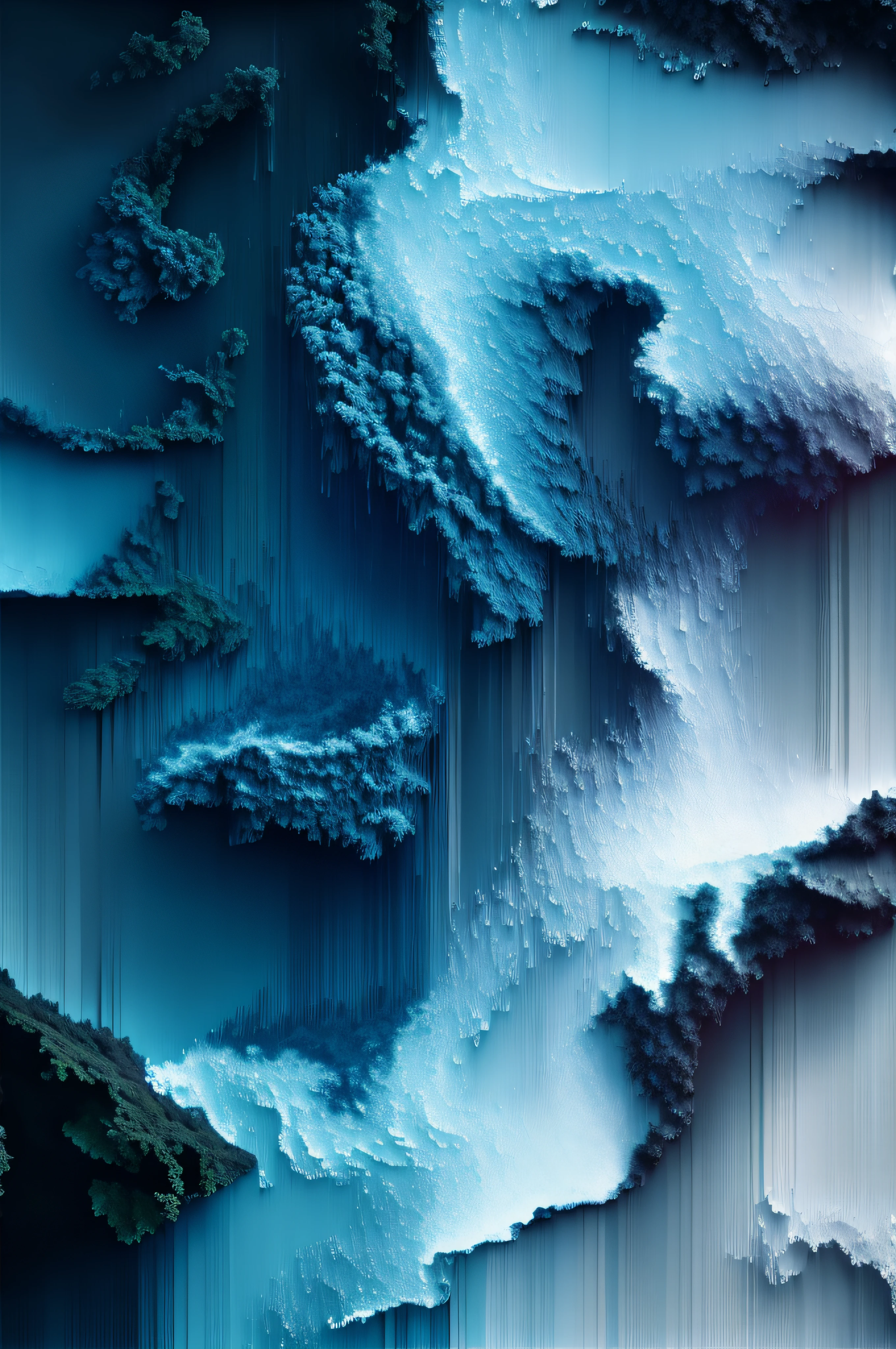pixel sorting, masterpiece, heavy rain in a tropical forest, gray blue atmosphere