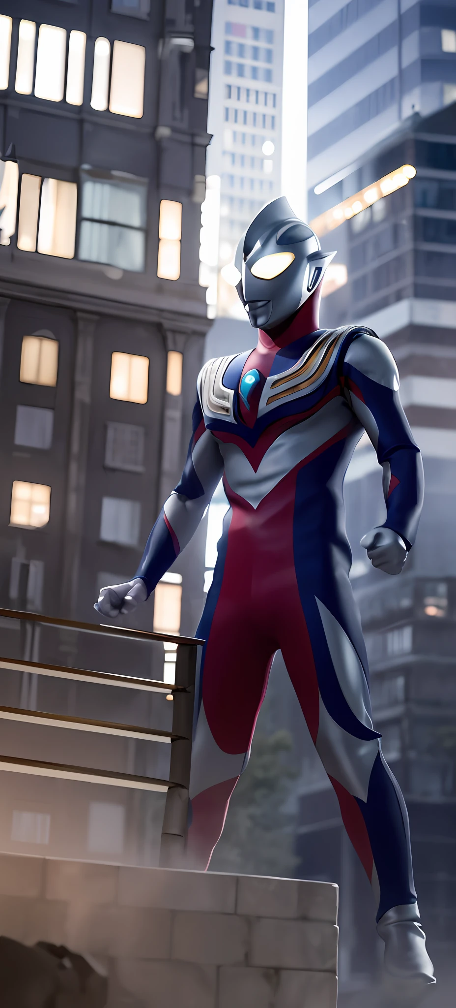 Masterpiece, best quality, 1boy, alien, male focus, solo, 1boy, tokusatsu, full body, (giant), railing, glowing eyes, glowing from below, white eyes, city, architecture, damaged buildings, tilt shift, ruins