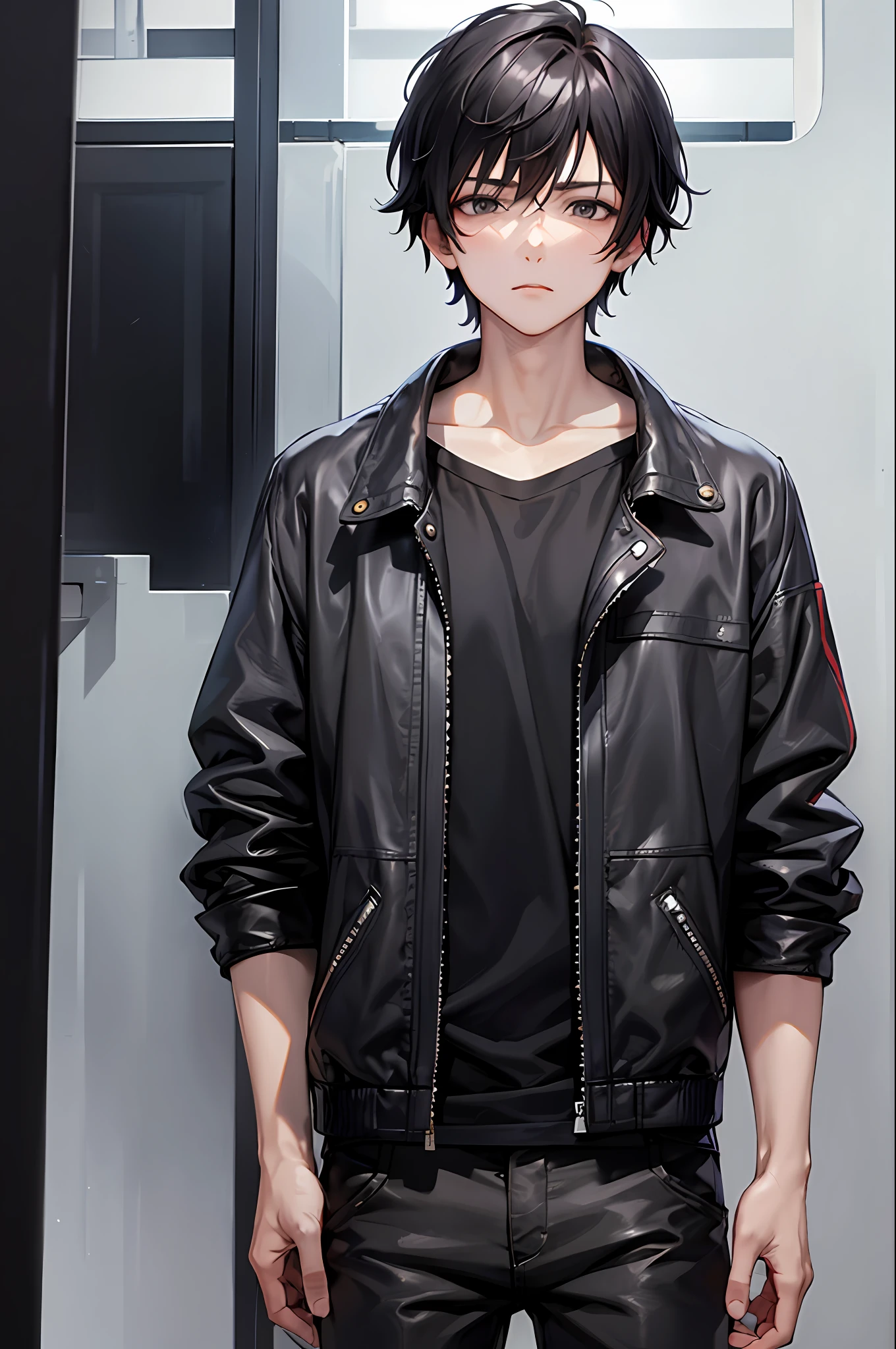 tmasterpiece, 1boy, black hair, Short Hair Hair, kblack eyes, empty look, melancholy, black jacket, gray shirt, stands, Simple background, pants, Sateen,