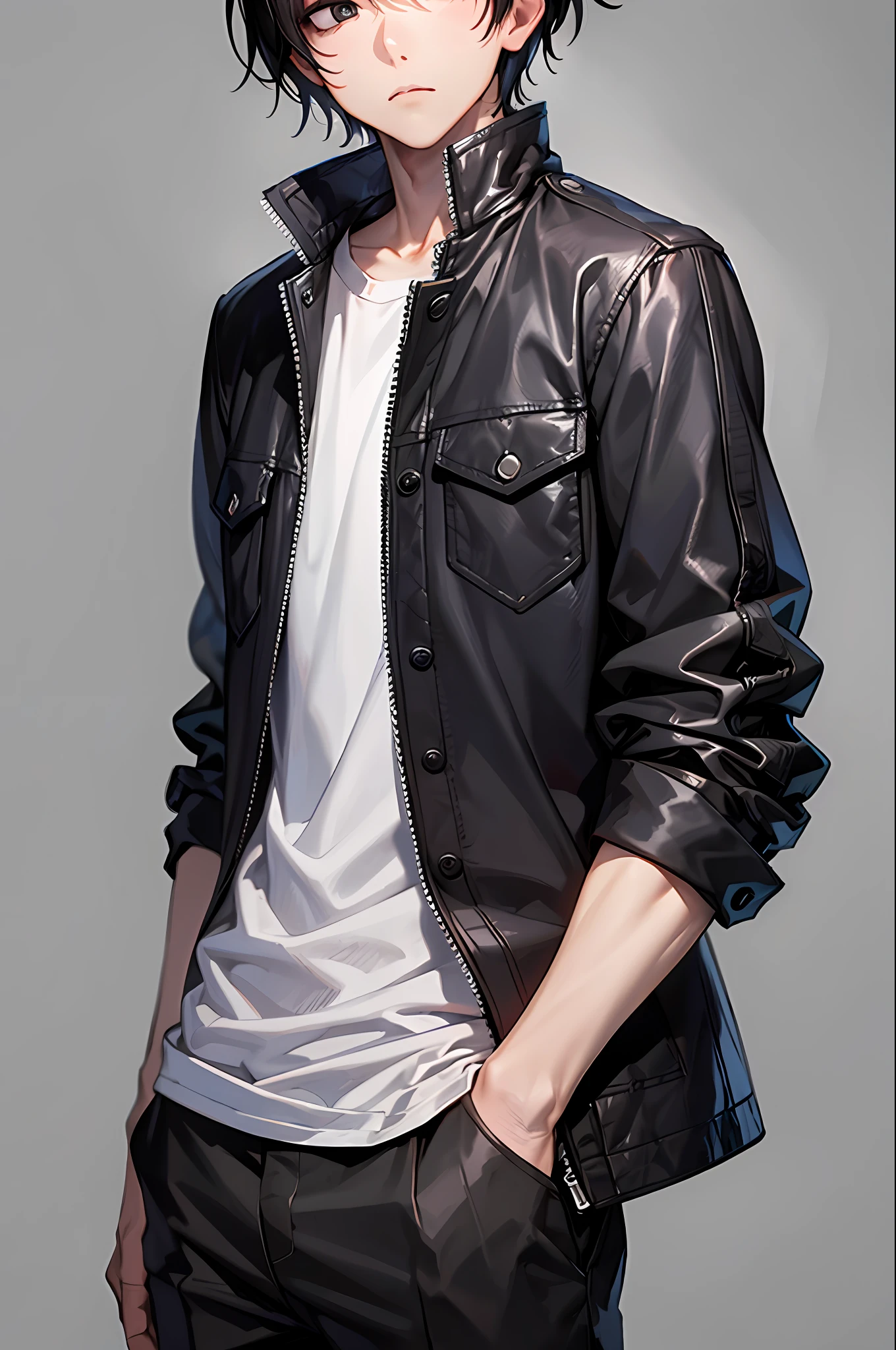 tmasterpiece, 1boy, black hair, Short Hair Hair, kblack eyes, empty look, melancholy, black jacket, gray shirt, stands, Simple background, pants, Sateen,