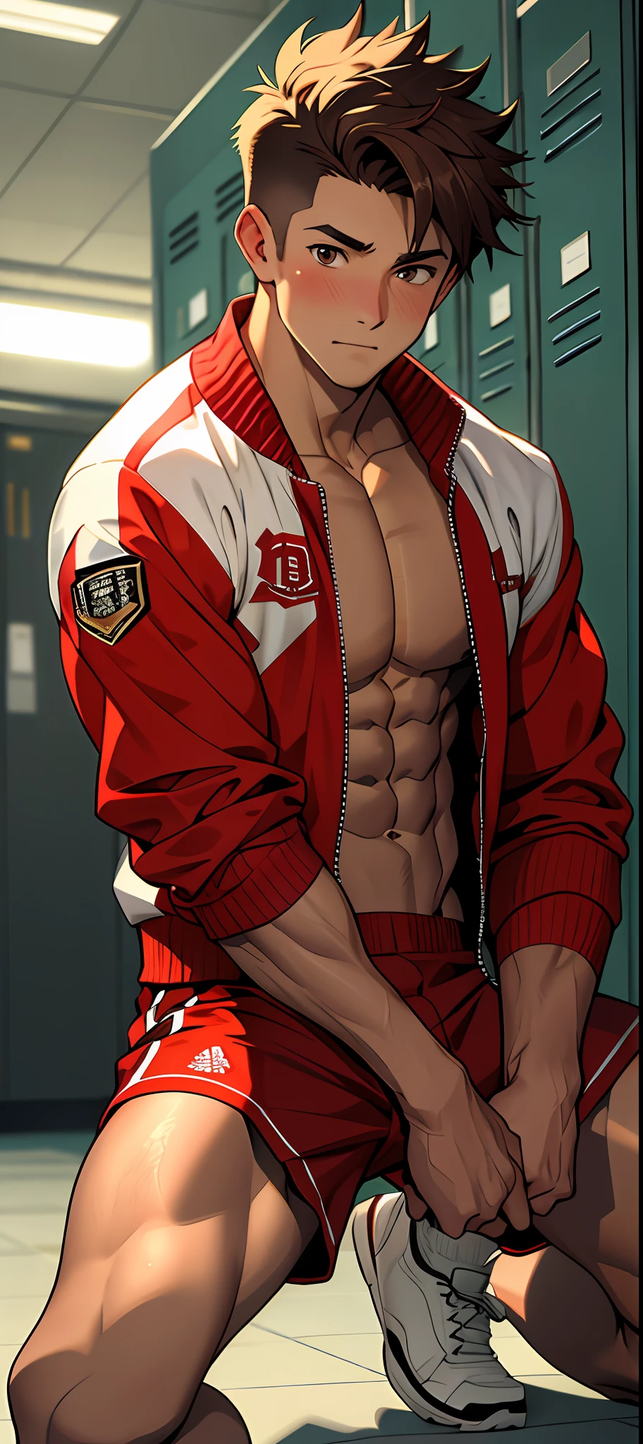 (masterpiece, best quality ), 1man, muscular, short hair, brown eyes, intricate, (locker room) , full body, white baseball uniform, open red jacket, vivid colors,(depth of field:1.2),(abs),blush, looking at viewer, on floor, spread legs,