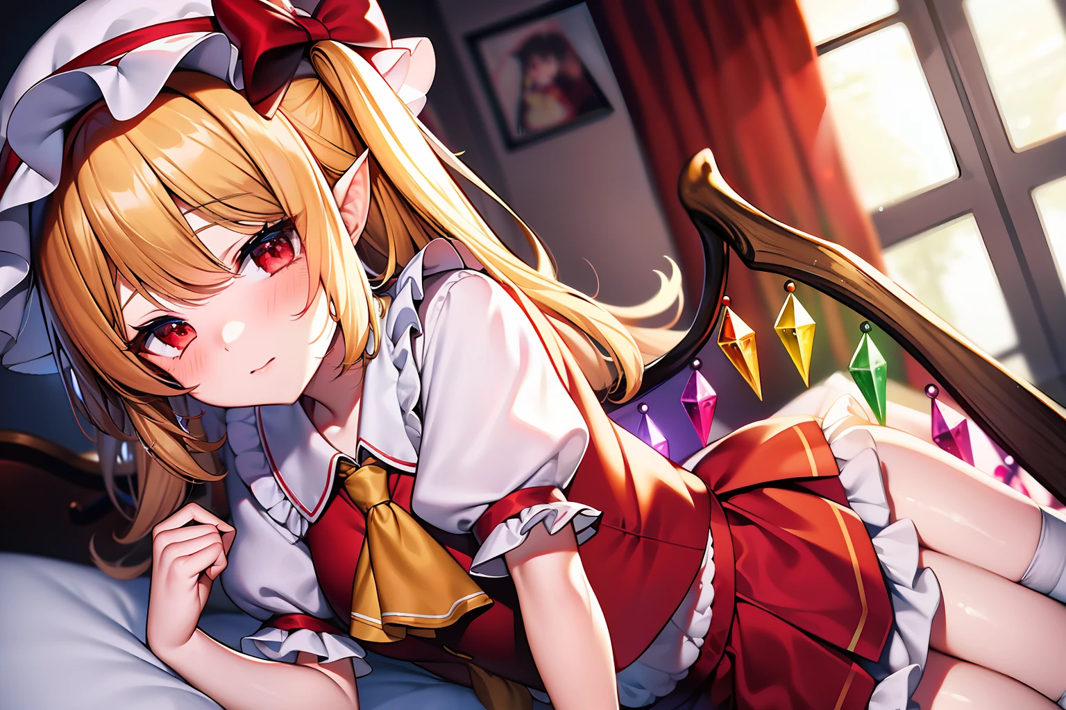 Flandre Scarlet,Tsundere,with blush cheeks,a bed,White soft hat、Red Hat bow、blonde hair、side poneyTail、red eyes、shinny eyes、tusk、Red vest、shortsleeves、Puffy sleeves、yellow ascot、Red frilled skirt、(crystal wings:1.2)、Bobby Socks、