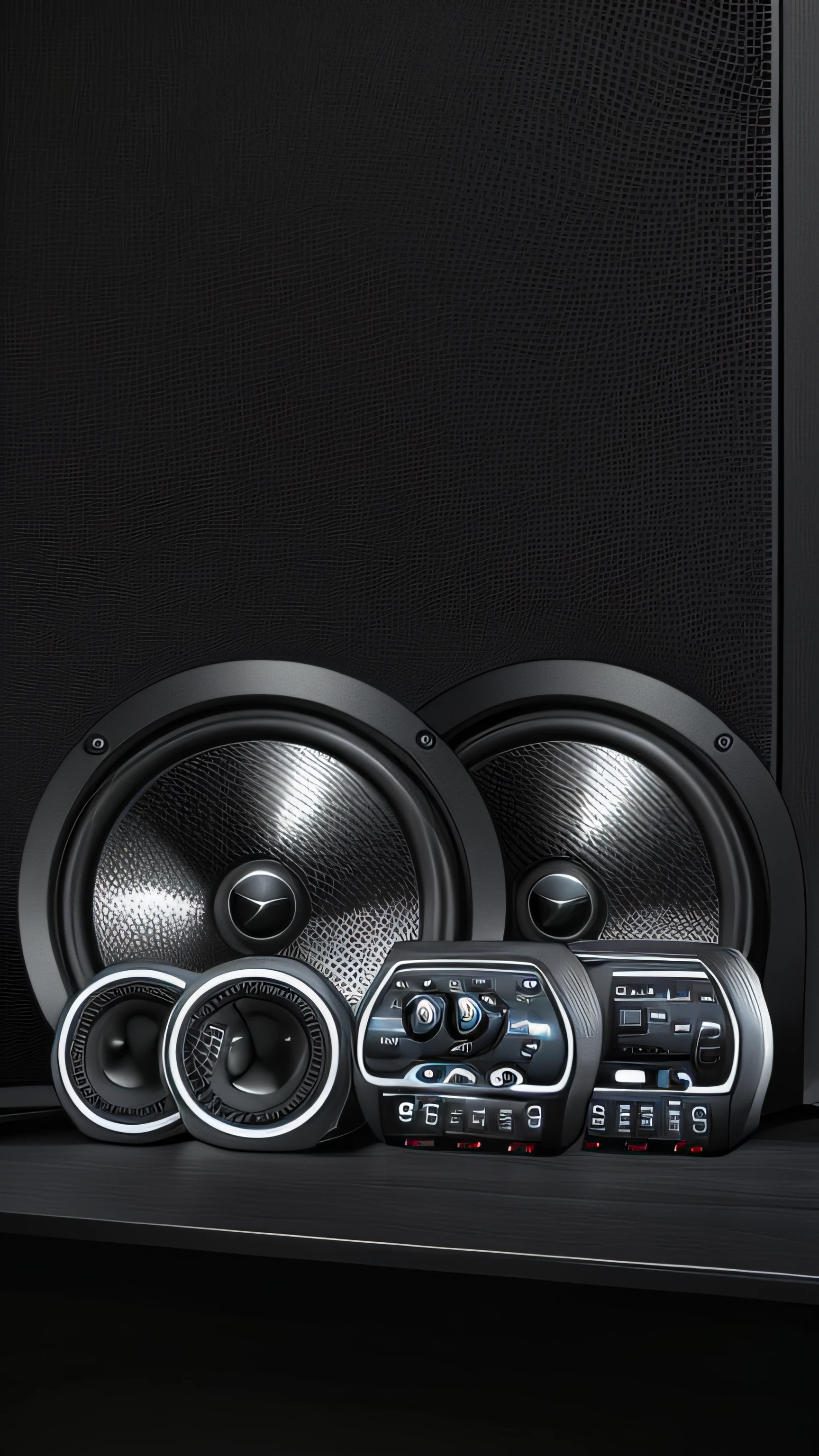 Close-up of a pair of speakers,There is a speaker in the middle, speakers, , Stage speakers, audio equipments, HD", flex, Hi-fi, digital art h 9 6 0, Full car, Slr, kit, good music, Product photo, Car, Car, Many speakers, 4k - n 6, 6k, 4 ), audiophile
