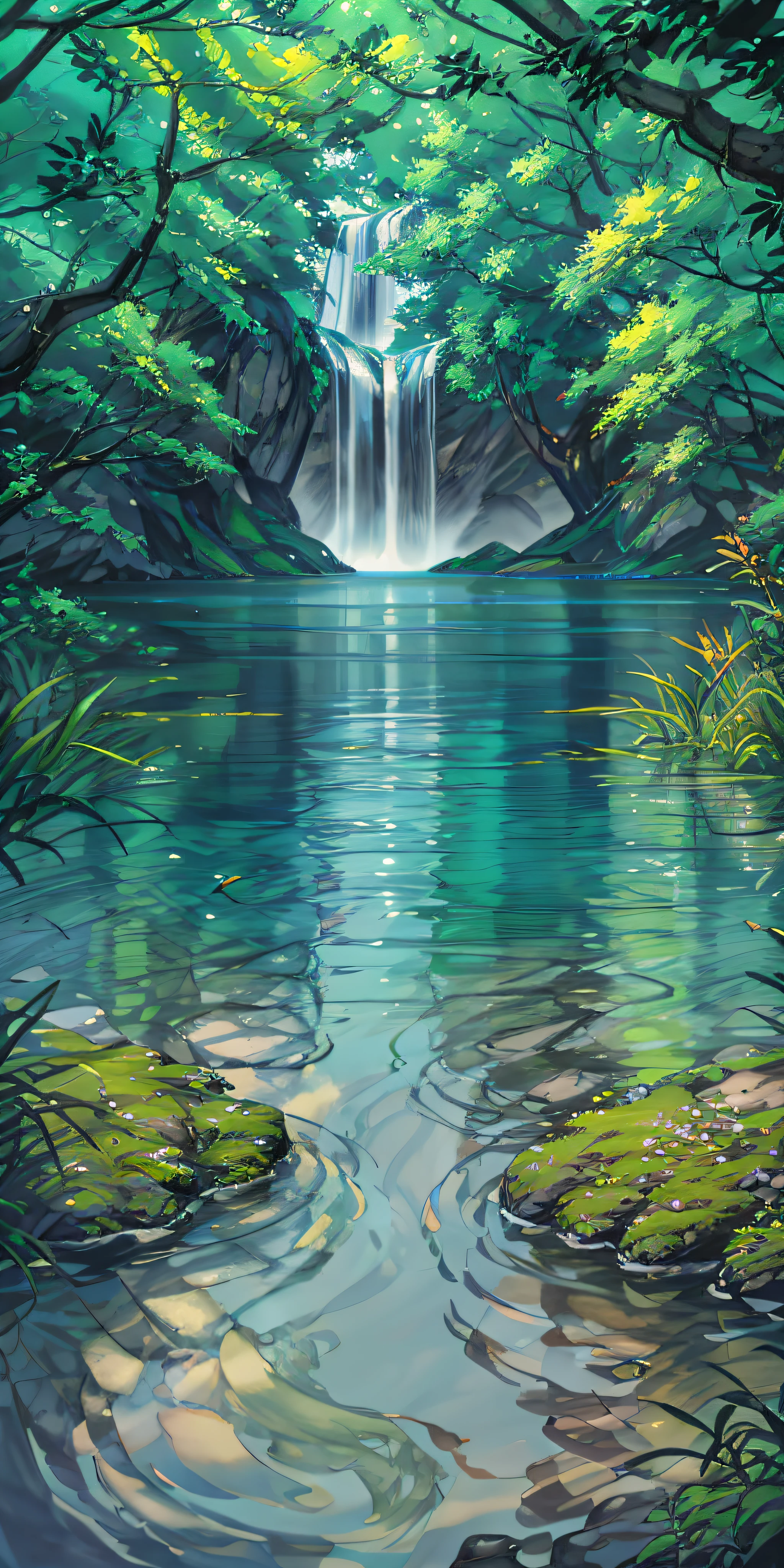 Chinese ancient times, spring, jungle, lake, cave, waterfall, tree, meadow, rock, deer, hot spring, water vapor, (illustration: 1.0), epic composition, realistic lighting, HD details, masterpiece, best quality, (very detailed CG unified 8k wallpaper)