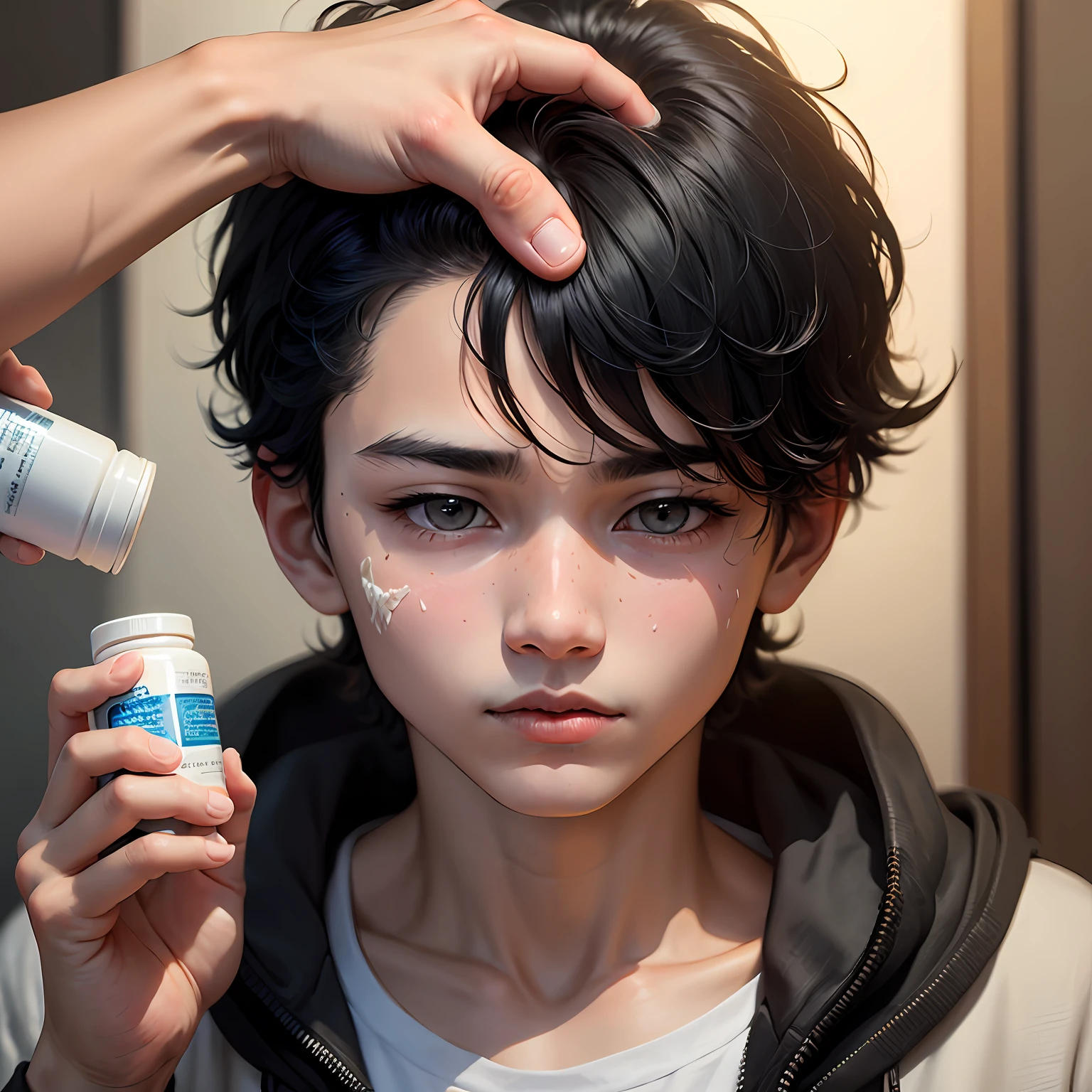 A boy with black hair，The left cheek is covered with papules，Holding a square pill bottle in his hand --auto