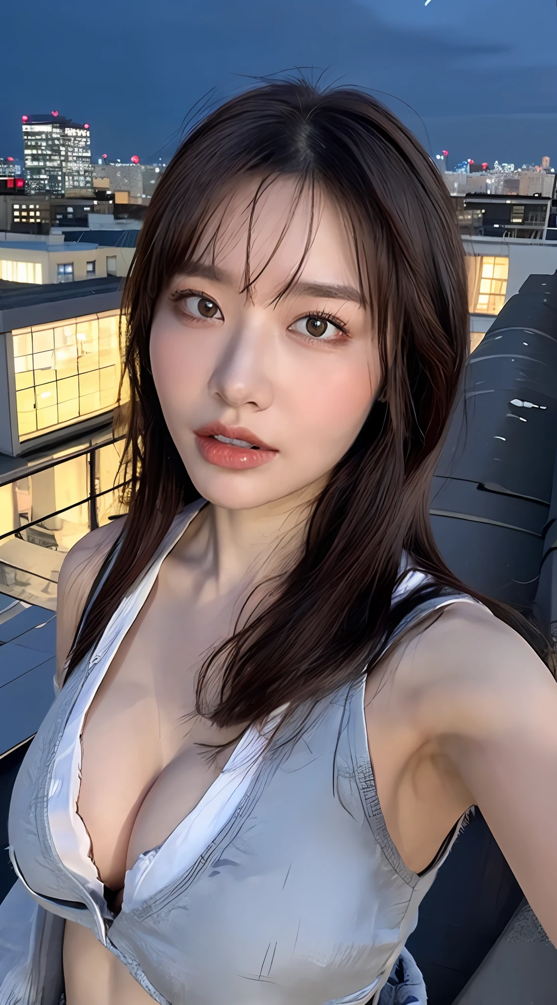 ((mid night、top-quality、8k、​masterpiece:1.3)), full bodyesbian, long legged, foco nítido:1.2, Beautiful woman with perfect body shape:1.4, Slender Abs:1.1, ((dark brown  hair、huge tit:1.2)), (White tight t-shirt、Jean Bib, is standing:1.2), ((Night City View、On the rooftop:1.3)), Highly detailed facial and skin texture, A detailed eye, perfect  eyes、 二重まぶた