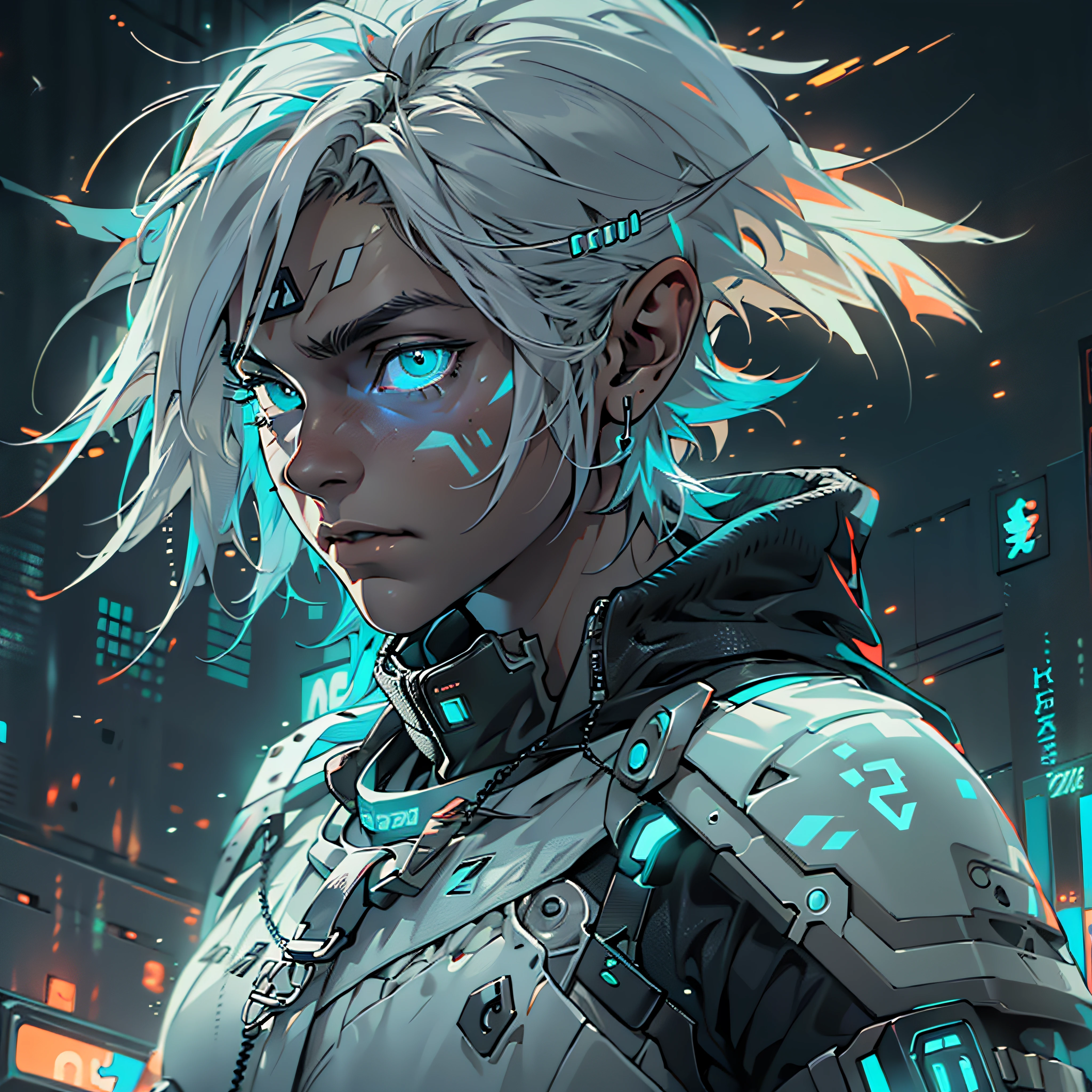 Half body image, ultra detail, high resolution, ultra detailed, best quality, amazing, top quality, extremely detailed CG 8k wallpaper unit, cinematic lighting, Zelda cyberpunk link, cyberpunk, dark boy, White clothing, white armor, neon berde, white hair, bright blue eyes,