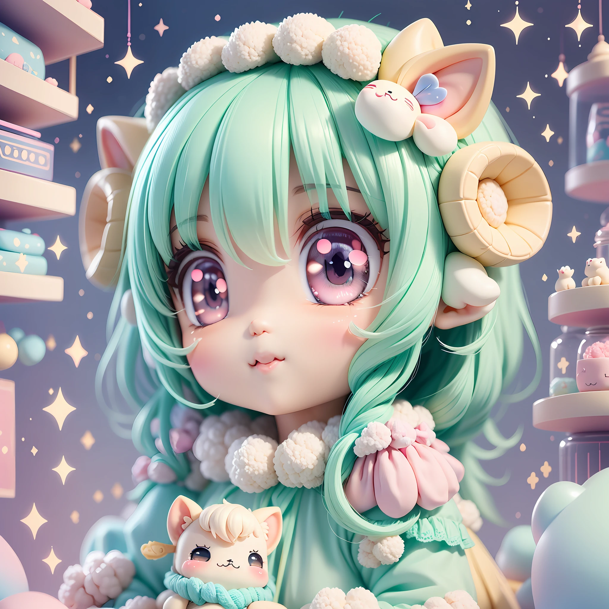 chibi, sheep around, sheep everywhere, kawaiitech, kawaii, cute, pastel colors, best quality, happy