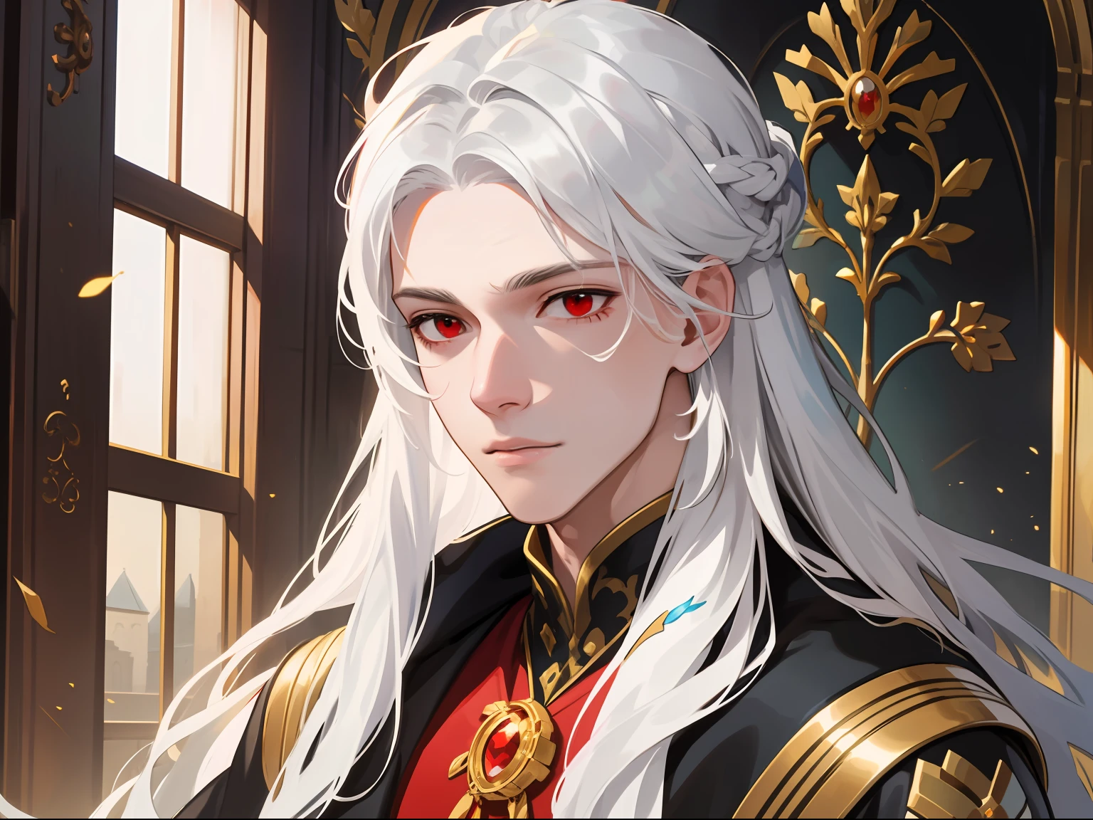 Masterpiece, super-fine, semi-realistic, meticulous facial features, 1boy, white hair, long hair, red eyes, wearing exquisite fairy costumes