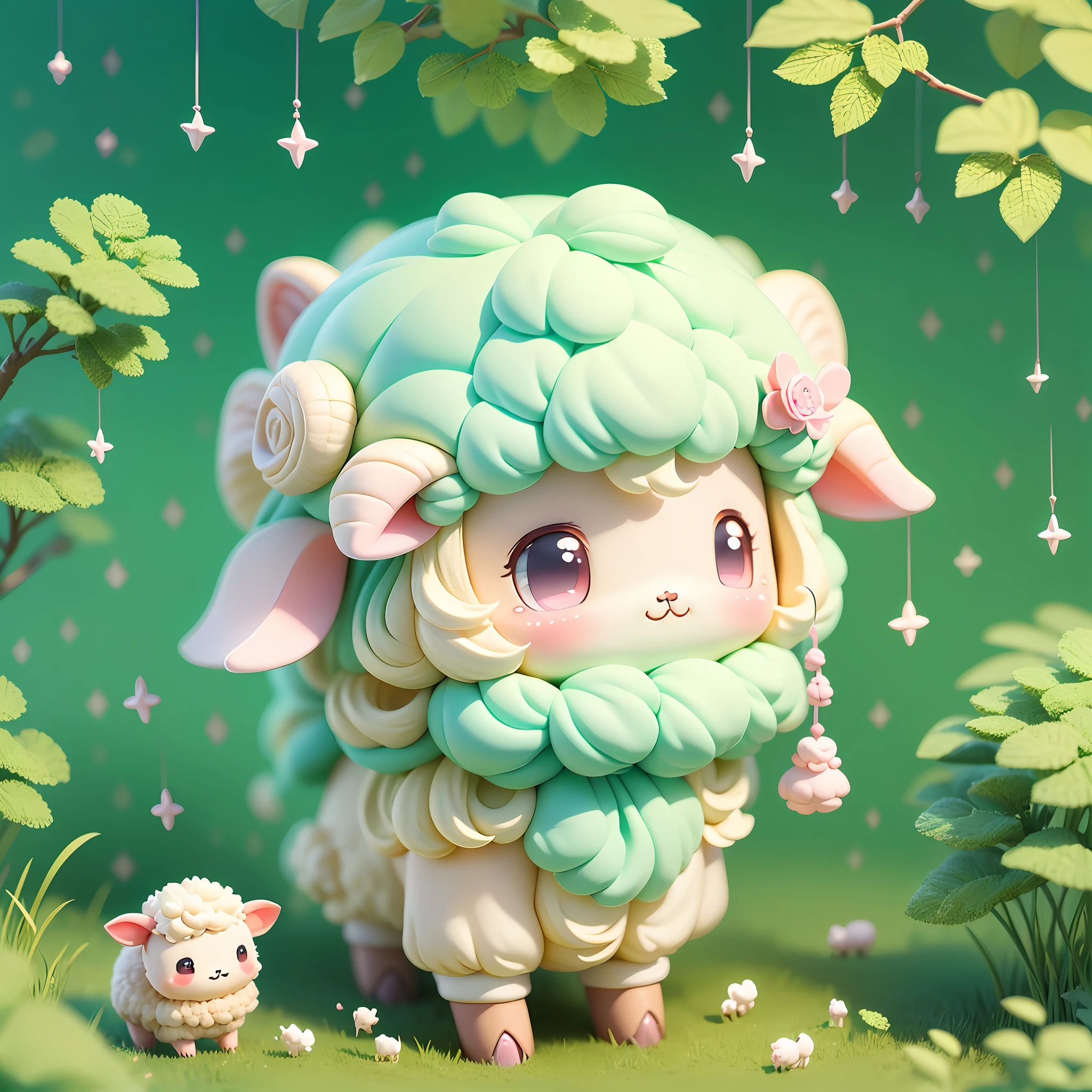 chibi, sheep around, sheep everywhere, kawaiitech, kawaii, cute, pastel colors, best quality, happy