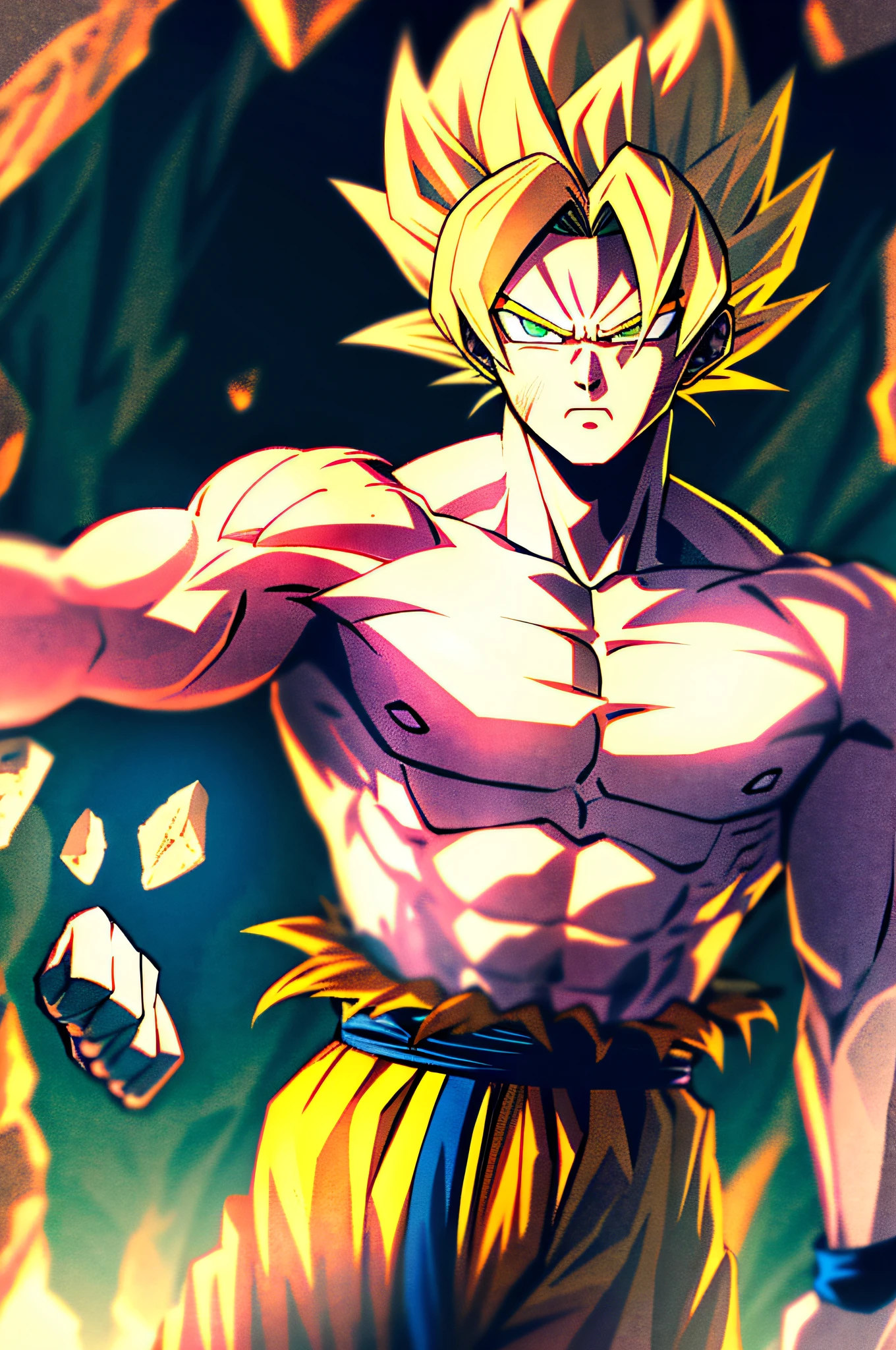 son goku, 1boy, artist name, biceps, blonde hair, blood, blood from mouth, blue sash, blue wristband, clenched hands, closed mouth, collarbone, dougi, electricity, energy, floating rock, frown, green eyes, looking at viewer, male focus, muscular, muscular male, pectorals, ribs, rock, sash, scratches, serious, solo, spiked hair, super saiyan, super saiyan 1, topless male, torn clothes, v-shaped eyebrows, wristband, ((masterpiece))