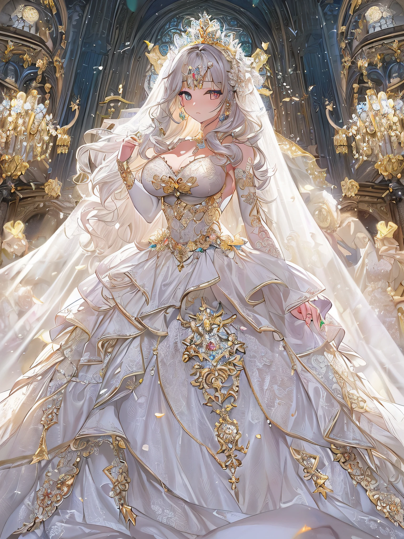 ((anime artstyle)),(Masterpiece),(Best Quality), (Super Detail),((Very Delicate and Beautiful)),Focus on character,Dynamic Angle,Looking at viewer,((Solo)),standing,((full body)),((one princess in gorgeousfull BlingBling wedding dress with voluminous skirt)),((BlingBling)),detailed face and eyes,jewel-like eyes,((Very Long voluminous Hair)),gorgeous embroidery and lace,((gorgeous corsage)),See-through,(Gorgeous BlingBling jewelry ornaments),luxury hair ornament,BlingBling luxury tiara with jewels,ornate ruffles,((gigantic breasts,Long breasts)),indoor,church wedding,((full body)),hoop skirt,crinoline,very long gorgeousfull wedding veil,(((jeweled gorgeous embroidery BlingBling wedding dress)))