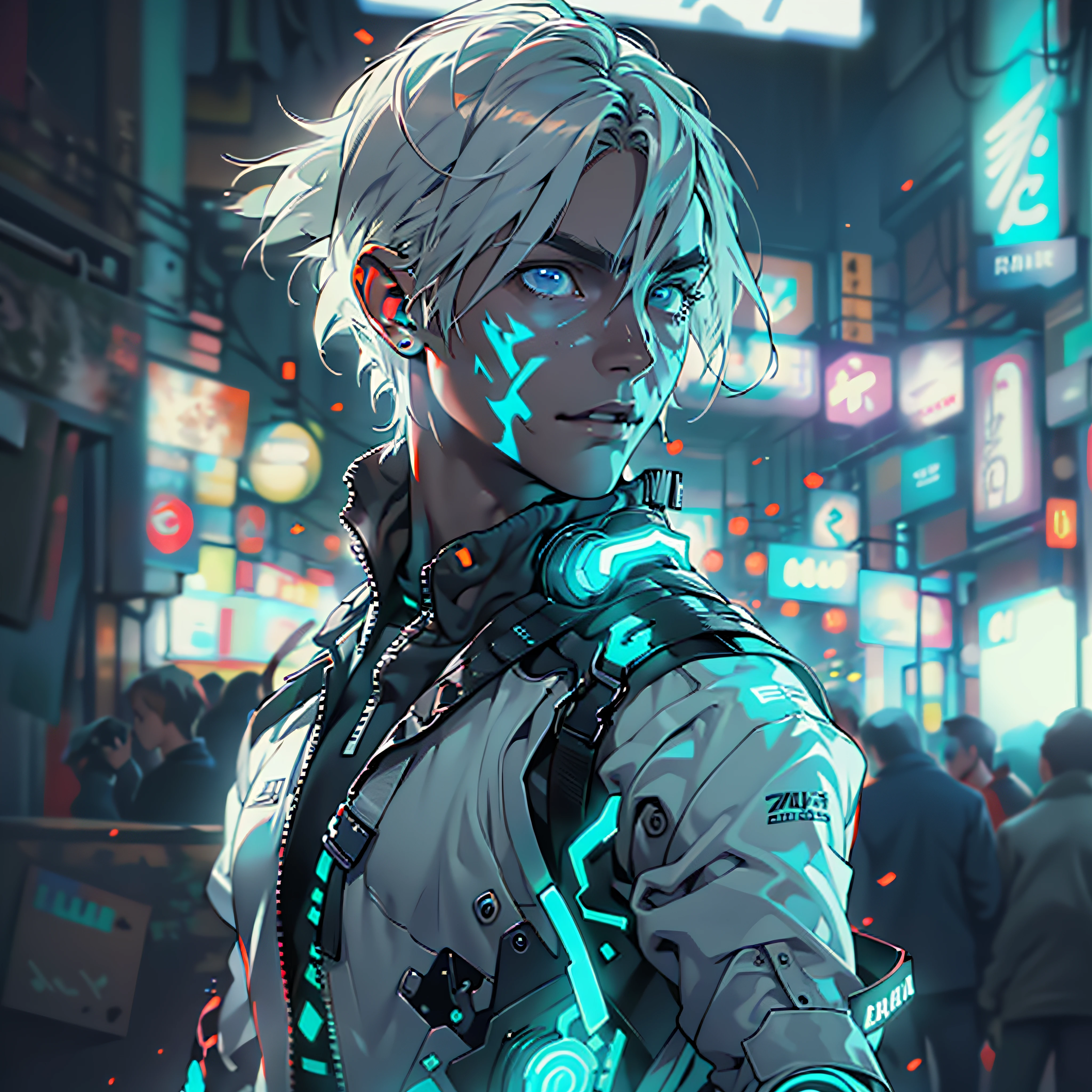Half body image, ultra detail, high resolution, ultra detailed, best quality, amazing, top quality, extremely detailed CG 8k wallpaper unit, cinematic lighting, Zelda cyberpunk link, cyberpunk, dark boy, White clothing, white armor, neon berde, white hair, bright blue eyes,
