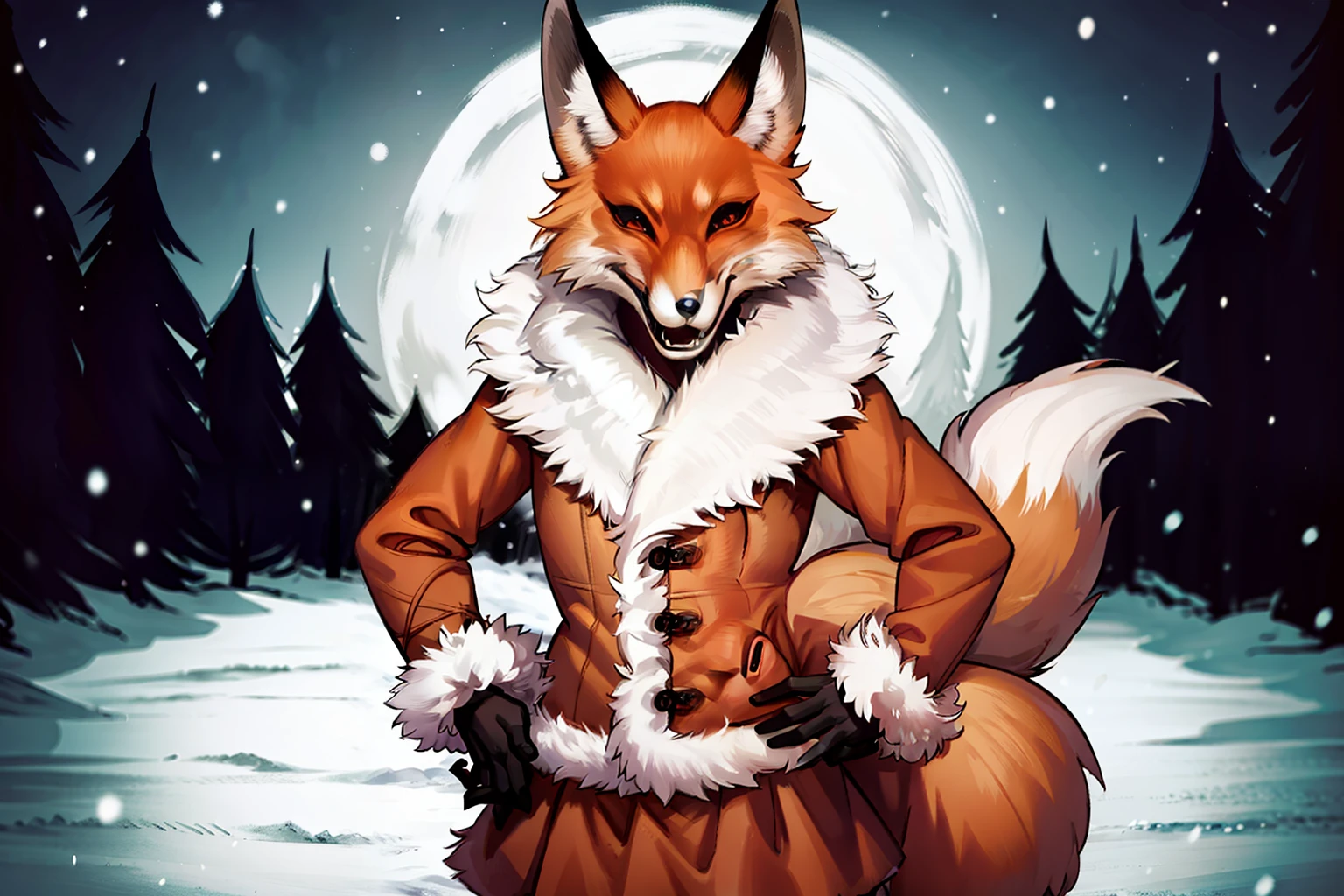 (tmasterpiece), 4k resolution, Monochrome, A highly detailed, portraite of a, (hiquality), HDR, 独奏, 1 animal, red fox, 25 years, ((Adult woman)), ((muscular)), pectoral muscles, 独奏, (Furry), ((furry female)), Animal nose, (Fox muzzle), A detailed eye, Yellow eyes, animal ears, Fox Girl, orange furr, Fox ears, The animal's ear is fluffy, Foxtail, Body fur, open mouth, ((Evil grin)), fangs, (Winter Top), (Winter short skirt ), fur collar, fur-trim, gloves, black gloves, looking a viewer, object \(The Great Red Moon\), Snow-covered forest in the background, night sky, night time, snowing, Standing, hands on the belt, (upper-body), very extremely beautiful