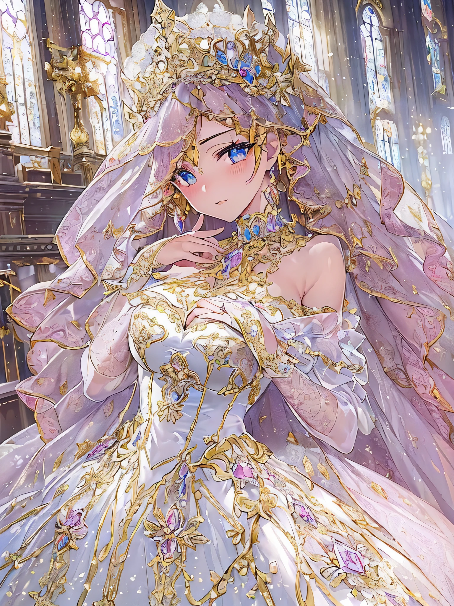 ((anime artstyle)),(Masterpiece),(Best Quality), (Super Detail),((Very Delicate and Beautiful)),Focus on character,Dynamic Angle,Looking at viewer,((Solo)),standing,((full body)),((one princess in gorgeousfull BlingBling wedding dress with voluminous skirt)),((BlingBling)),detailed face and eyes,jewel-like eyes,((Very Long voluminous Hair)),gorgeous embroidery and lace,((gorgeous corsage)),See-through,(Gorgeous BlingBling jewelry ornaments),luxury hair ornament,BlingBling luxury tiara with jewels,ornate ruffles,((gigantic breasts,Long breasts)),indoor,church wedding,((full body)),hoop skirt,crinoline,very long gorgeousfull wedding veil,(((jeweled gorgeous embroidery BlingBling wedding dress)))