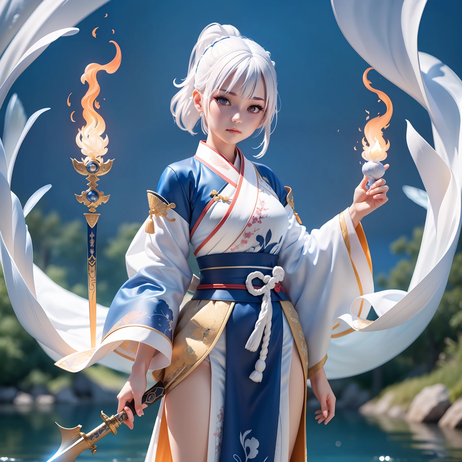 1 girl, dressed in hanfu robes, wearing a sword(blue flame), standing on the water(clear river full of fish), white hair, ponytail, short hair, white hair, UHD, anatomically correct, super detail, 8k, masterpiece, UHD, 8k, super detail, textured skin, award winning, best quality