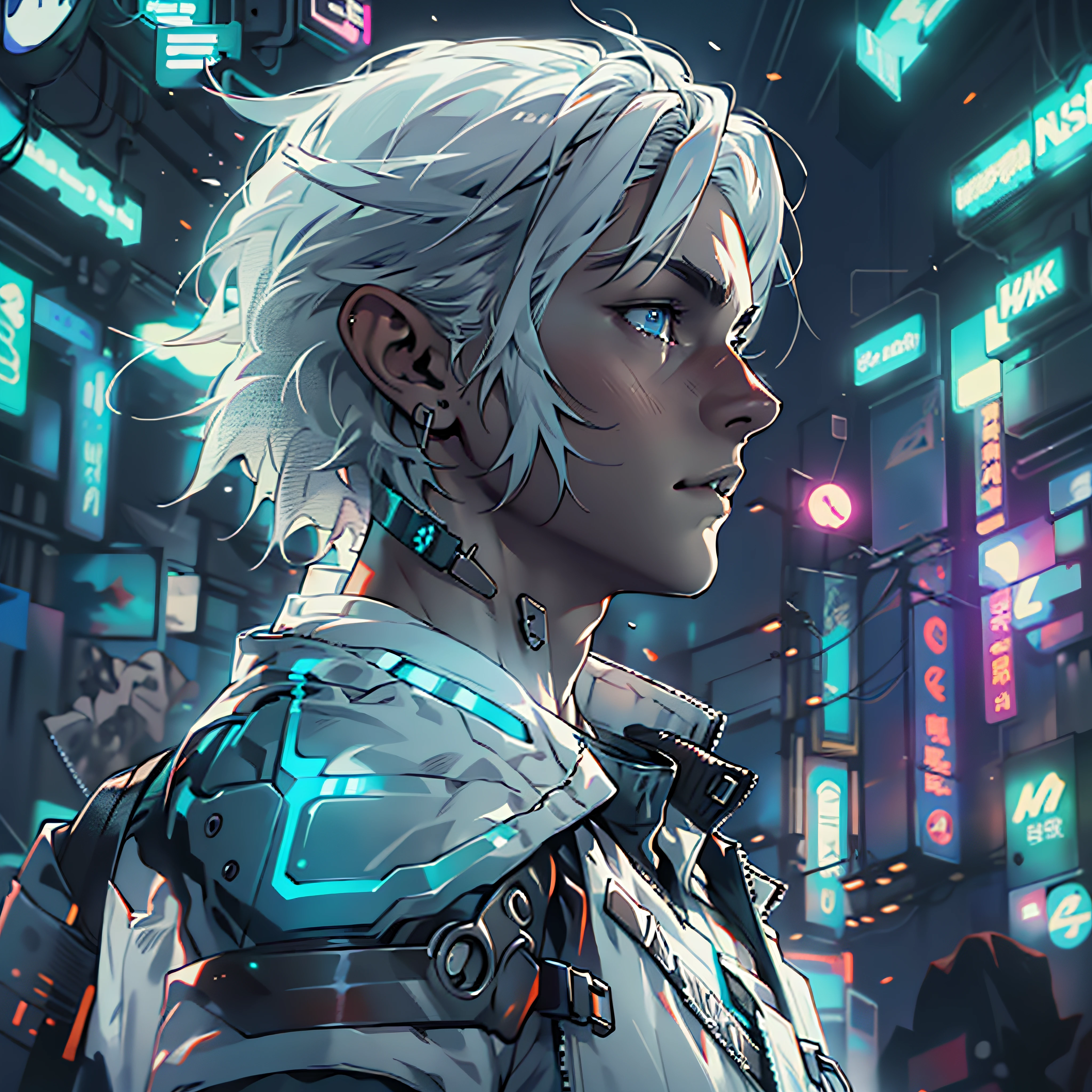 Half body image, ultra detail, high resolution, ultra detailed, best quality, amazing, top quality, extremely detailed CG 8k wallpaper unit, cinematic lighting, Zelda cyberpunk link, cyberpunk, dark boy, White clothing, white armor, neon berde, white hair, bright blue eyes,