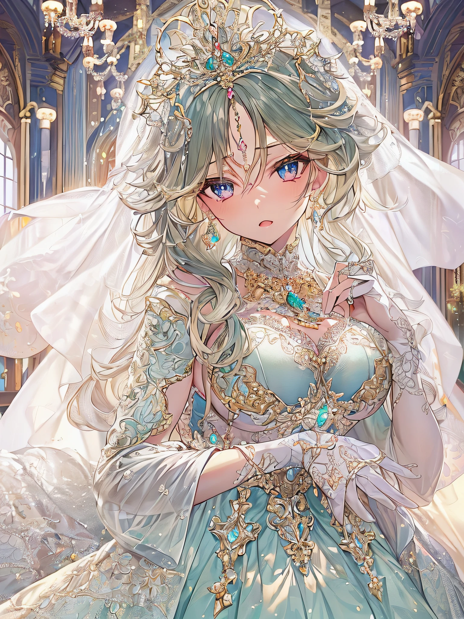 ((anime artstyle)),(Masterpiece),(Best Quality), (Super Detail),((Very Delicate and Beautiful)),Focus on character,Dynamic Angle,Looking at viewer,((Solo)),standing,((full body)),((one princess in gorgeousfull BlingBling wedding dress with voluminous skirt)),((BlingBling)),detailed face and eyes,jewel-like eyes,((Very Long voluminous Hair)),gorgeous embroidery and lace,((gorgeous corsage)),See-through,(Gorgeous BlingBling jewelry ornaments),luxury hair ornament,BlingBling luxury tiara with jewels,ornate ruffles,((gigantic breasts,Long breasts)),indoor,church wedding,((full body)),hoop skirt,crinoline,very long gorgeousfull wedding veil,(((jeweled gorgeous embroidery BlingBling wedding dress)))