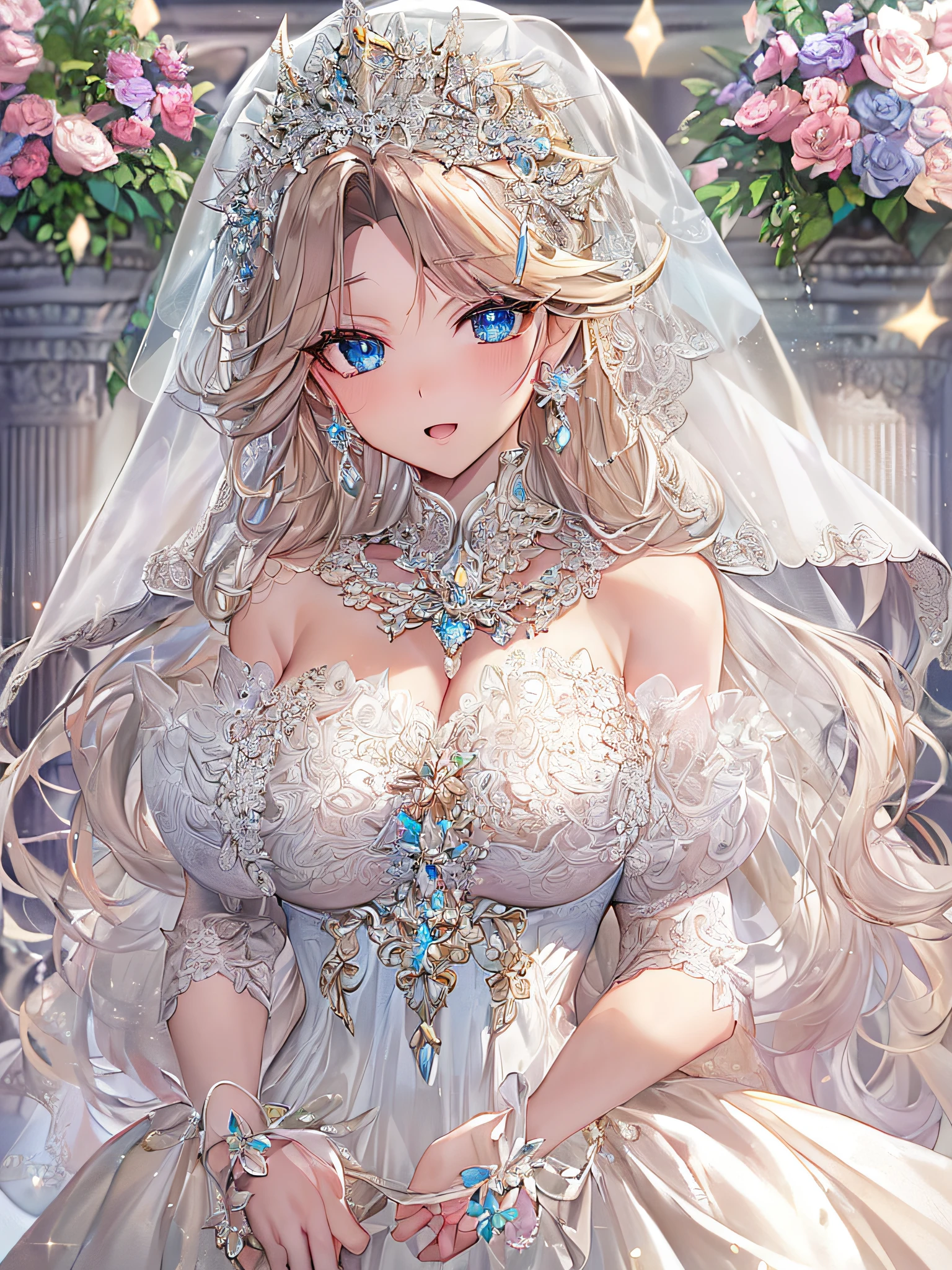 ((anime artstyle)),(Masterpiece),(Best Quality), (Super Detail),((Very Delicate and Beautiful)),Focus on character,Dynamic Angle,Looking at viewer,((Solo)),standing,((full body)),((one princess in gorgeousfull BlingBling wedding dress with voluminous skirt)),((BlingBling)),detailed face and eyes,jewel-like eyes,((Very Long voluminous Hair)),gorgeous embroidery and lace,((gorgeous corsage)),See-through,(Gorgeous BlingBling jewelry ornaments),luxury hair ornament,BlingBling luxury tiara with jewels,ornate ruffles,((gigantic breasts,Long breasts)),indoor,church wedding,((full body)),hoop skirt,crinoline,very long gorgeousfull wedding veil,(((jeweled gorgeous embroidery BlingBling wedding dress)))