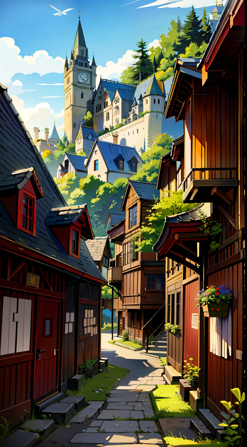 A painting of a town with a castle as a background, medeival fantasy town, a bustling magical town, fantasy town setting, town background, Anime landscape concept art, arte conceitual medieval, medieval town landscape, Medieval town, Fantasy Town, renaissance port city background, beautiful concept art, town center background, Cliffside town, castle town, arte de fundo