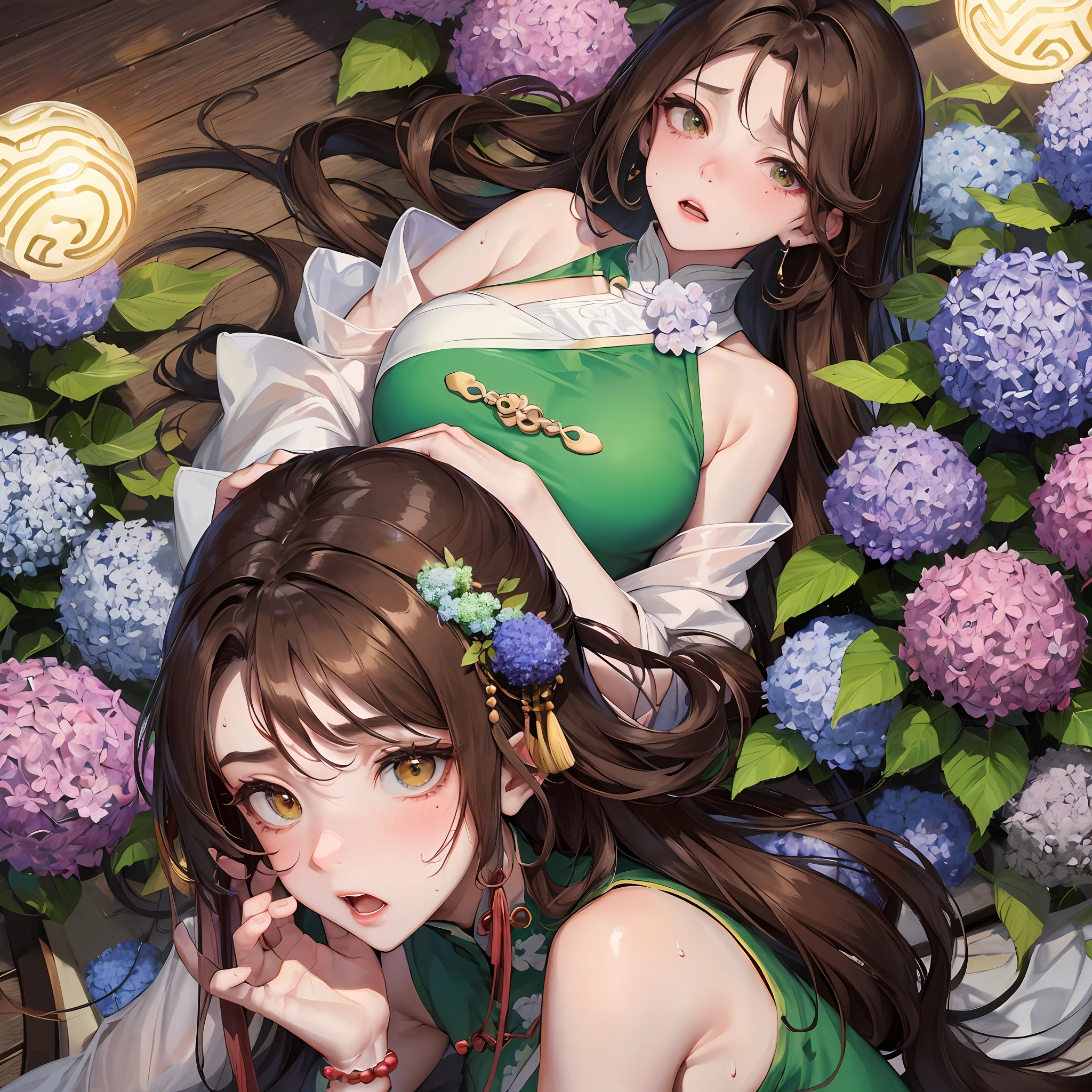 Masterpiece, Best quality, Night, full moon, 1 Woman Mature woman, Chinese style, Ancient China, Frightened, Exaggerated expression, Frightened, Beads of sweat on the face,Touching the pregnant belly Panorama shot of brown hair, Coiled hair, Double ball head, Light pink lips, calm, Intellectual, mid hair, green pupills, Hairpin, hydrangea,