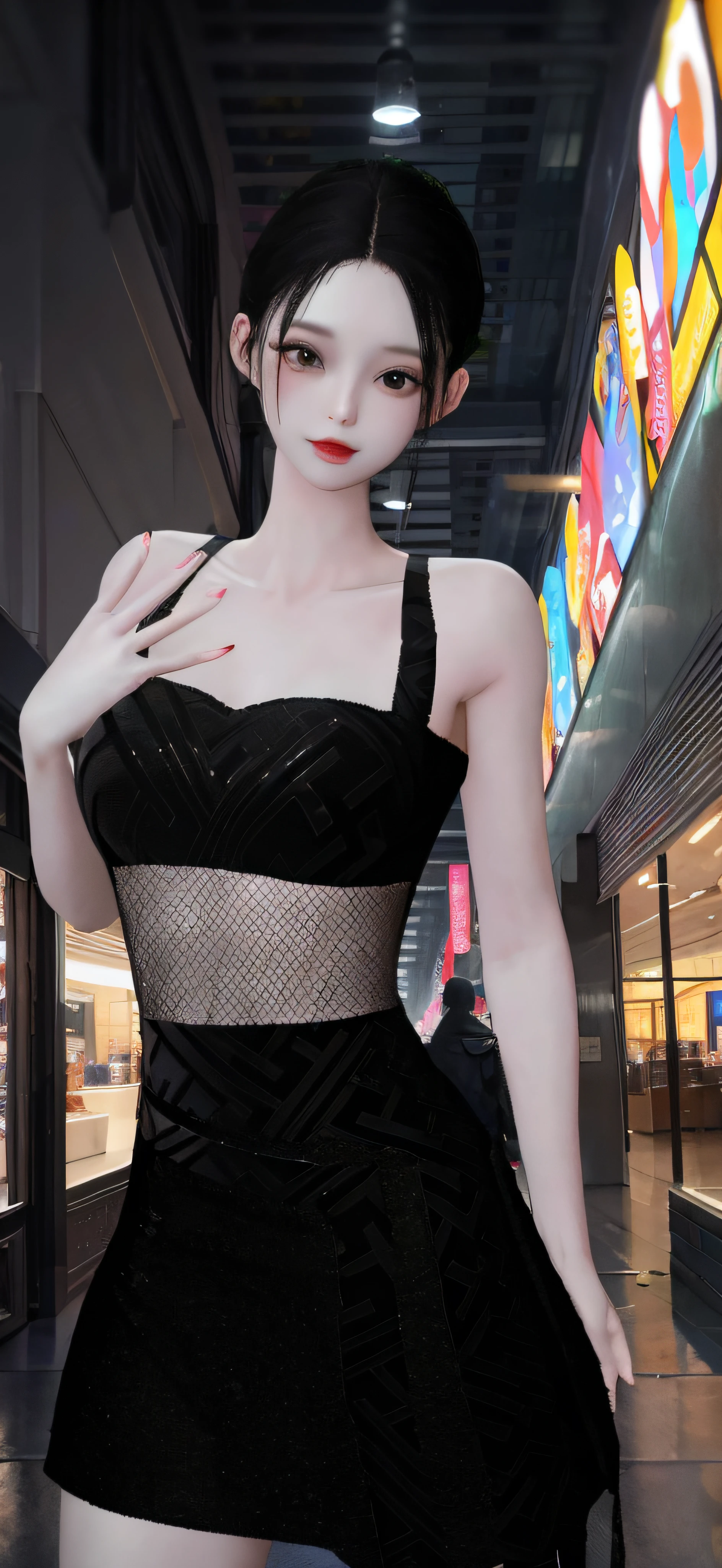 there is a woman in a short skirt posing for a picture, In the city, mall goth, Elegant Pose, Shiny black dress, in mall, high resolution, Translucent dress,Pouting lips