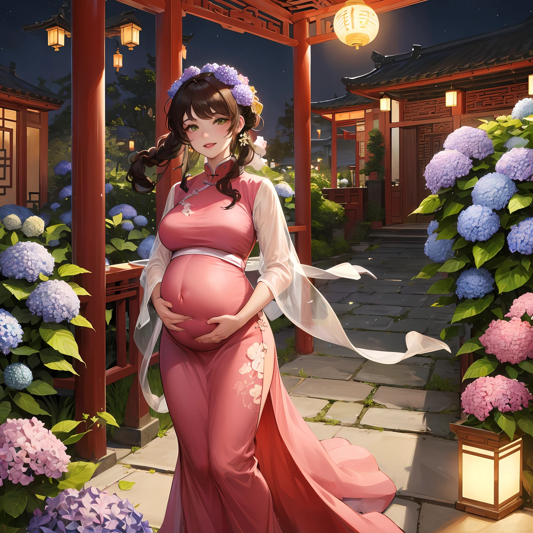 Masterpiece, Best quality, Night, full moon, 1 beautiful man looking at his wife's pregnant belly Mature woman, Chinese style, Ancient China, Smile, Brown hair, Princess cut, Single strips of fried dough twisted braid, Coiled hair, Double ball head, Light pink lips, calm, Intellectual, mid hair, green pupills, Hairpin, hydrangea,