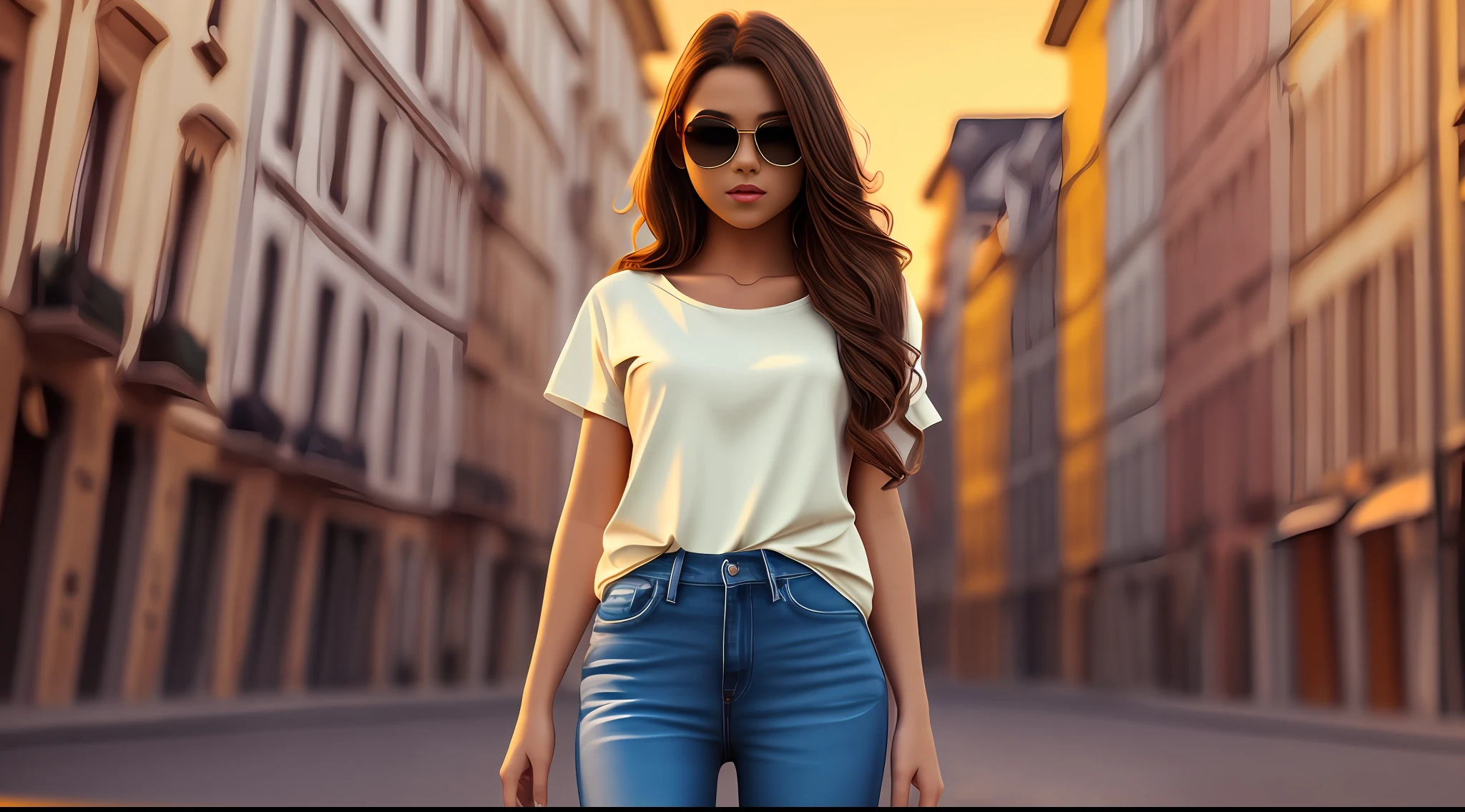 full body shot, cgi, dslr, fantastic realism, city background, casual outfit, Teeshirt round neck plain, basic full length tee-shirt, plain Tee-shirt, European young girl, tight jeans, black long hairs, bronzepunk, European woman, 3d, cinematic, golden hour, full body, heel's