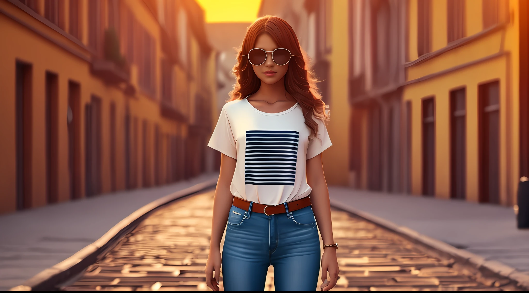 full body shot, cgi, dslr, fantastic realism, city background, casual outfit, Teeshirt round neck plain, basic full length tee-shirt, plain Tee-shirt, European young girl, tight jeans, black long hairs, bronzepunk, European woman, 3d, cinematic, golden hour, full body, heel's