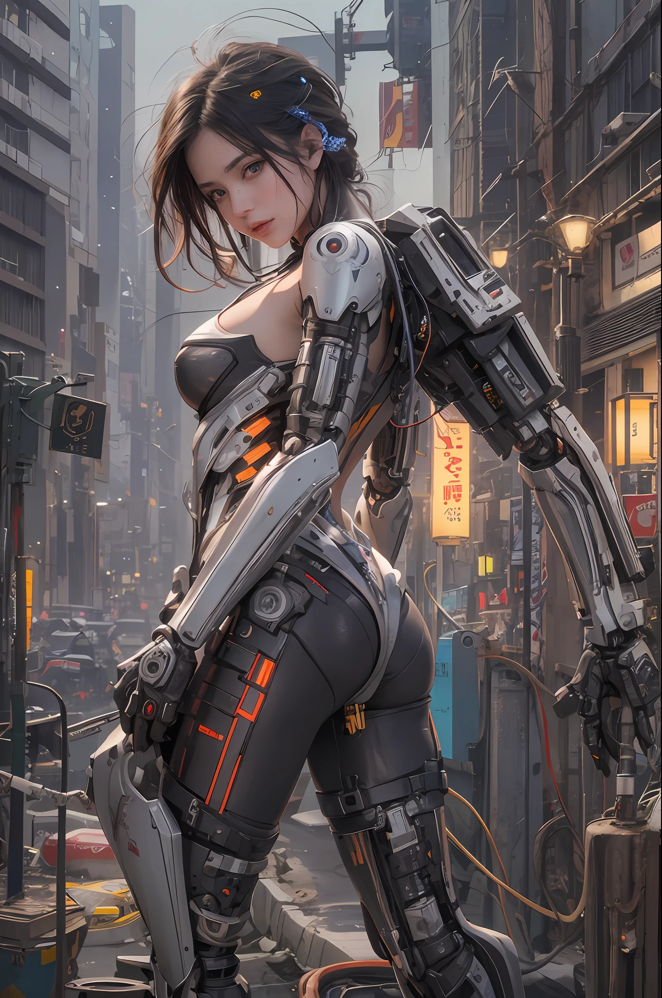 Top Quality, Masterpiece, Ultra High Resolution, (Photorealistic: 1.4), Raw Photo, 1 cyberpunk Girl, Glossy Skin, 1 Mechanical Girl, (Ultra Realistic Detail)), (((Full body shot))), Global Illumination, Contrast, Shadows, Octane Rendering, 8K, Ultra Sharp, Raw Skin, Metal, Intricate Ornament Details, Japan Details, Very intricate details, realistic light, CGSoation trend, facing the camera, neon details, mechanical limbs, blood vessels connected to the tube, mechanical vertebrae attached to the back, mechanical cervical attachment to the neck, wires and cables connecting to the head, gundam, small LED lamps.