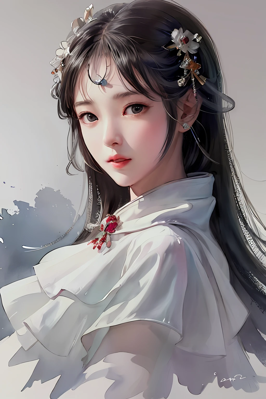 stechu,(white background:1.4), ((tachi-e)), original,(illustration:1.1),(best quality),(masterpiece:1.1),(extremely detailed CG unity 8k wallpaper:1.1), (colorful:0.9),(panorama shot:1.4),(solo:1.2), (ink splashing),(color splashing),((watercolor)), clear sharp focus,{ 1girl standing },((korean style )),flower background,outdoors,rocks, looking at viewer, make happy expressions,soft smile,pure,beautyfull detailed face and eyes,beautyfull intricacy clothing decorative pattern details, black hair,black eyes,colorwater