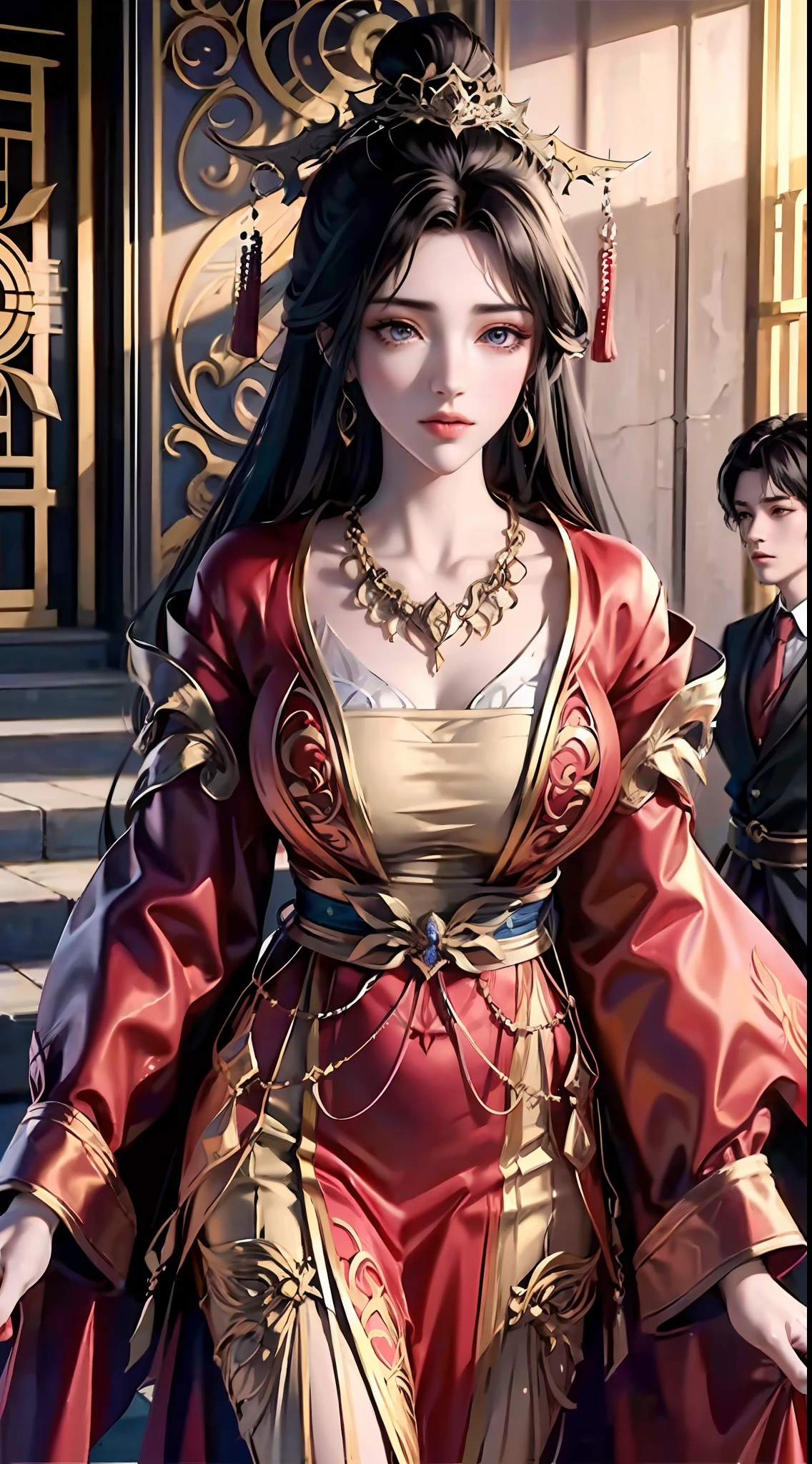 （tmasterpiece，top Quority，best qualtiy，offcial art，Beautiful and aesthetic：1.2），（1girll），Extremely detailed，Colorful，highestdetailed，offcial art，统一 8k 壁纸，ultra - detailed，Beautiful and aesthetic，big breasts beautiful，tmasterpiece，best qualtiy, long whitr hair，（a color），Ancient Chinese clothes，Western Regions clothing，gossamer，gold chains，red color Hanfu，Phnom Penh embroidery, (zentangle, mandalas, tangled, entangle) , Yuechan_Wedding_lothes,