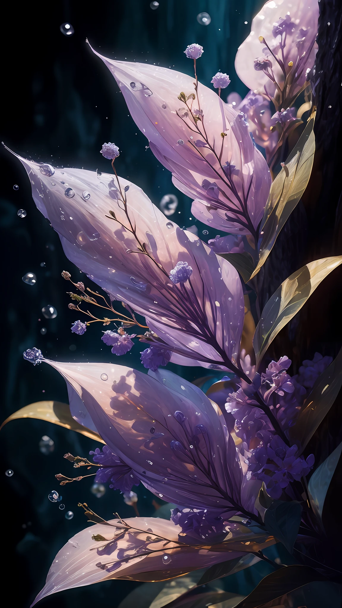 branch of delicate lilac flowers, super transparent, holy light, beautiful spectral light, petals glow, flashing, dark background, drops of transparent light, reflective light, bright, light streaming in, optics, portrait profile, sharp focus, magical, intricate, ultra realistic, fantasy, composition, light, trend on artstation, pearl, patronus cloud of silvery vapor, corrosive enveloping ray family, 8k, ureal ar 23v4 uplight