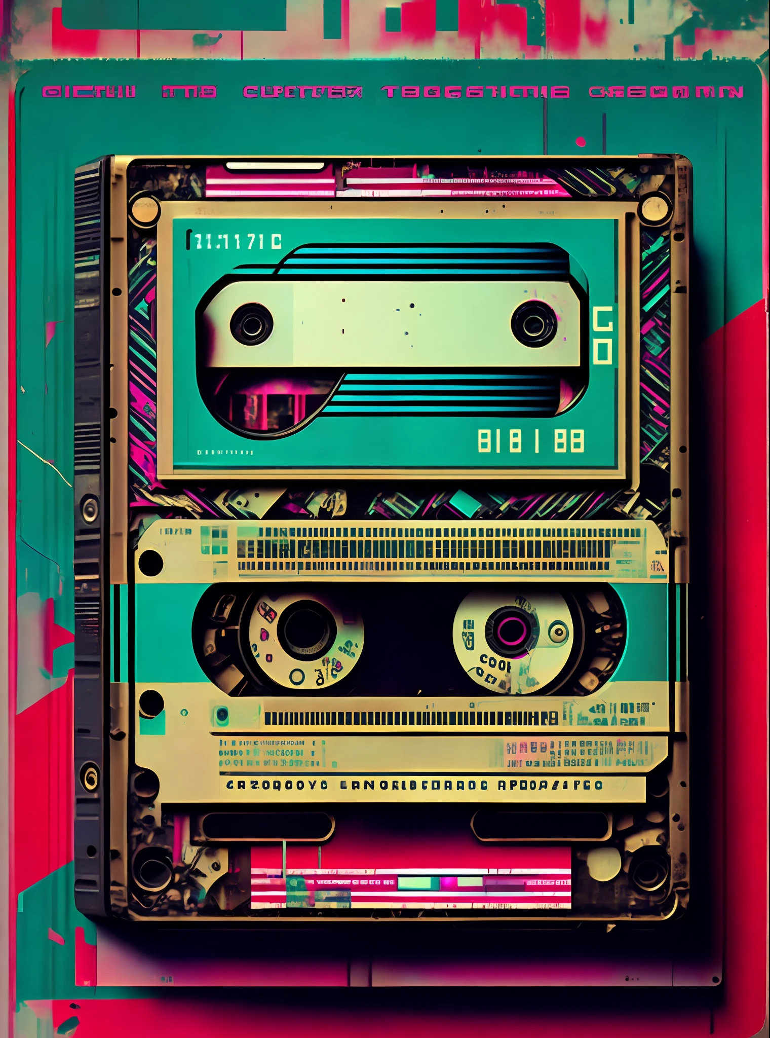 A cassette of tape，cyber punk style，Breakage，Cinematic lighting，Highly detailed,