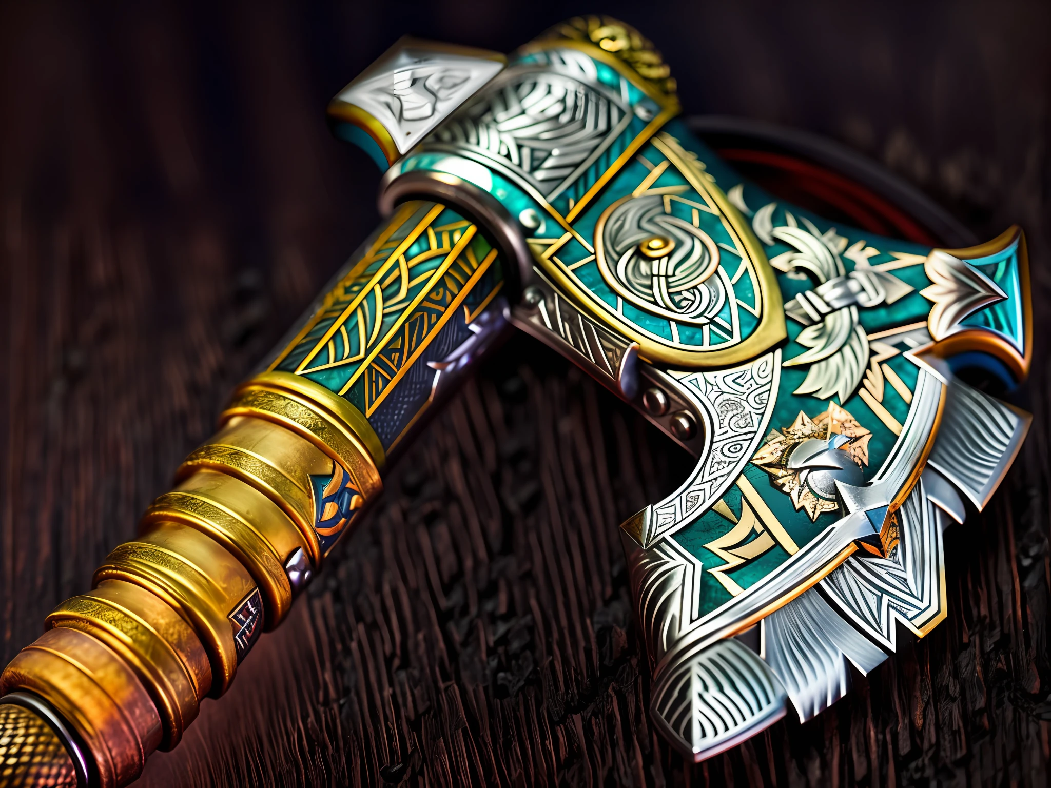 There is a wooden handle with a metal handle, thors hammer, Mjolnir, dwarven weapon, hammer weapon, fantasy weapon, hyper realistic detailed rendering, Odin's Spear, a beautiful detailed orixa, highly detailed close up shot, detail-rich，great clarity, epic fantasy weapon art, battleaxe, author：Jens Sendergaard