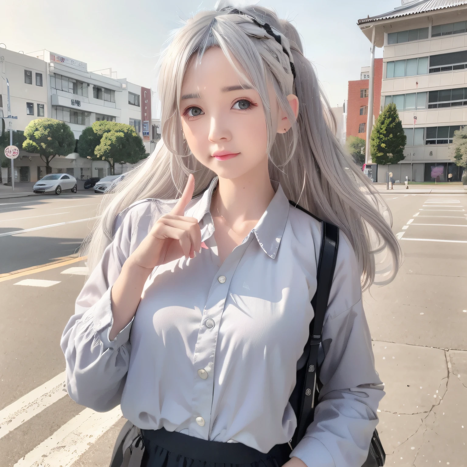 A woman with gray hair stood in the street, Realistic realistic style, Anime girl in real life, Silver hair (pony tails), long white hair, Realistic anime art style, realistic anime artstyle, with long white hair, realistic anime style at pixiv, Realistic young anime girl, Guviz-style artwork, Perfect white haired girl,Close to real people