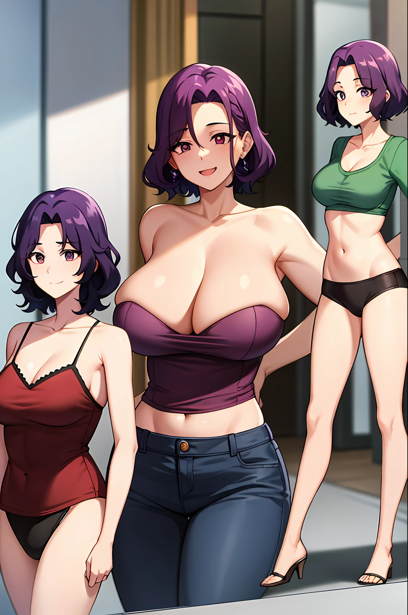 best qualityer，（tmasterpiece：1.2），highly  detailed，sitted，Mature woman，
1girll， 独奏， hamaoka azusa，
looking at viewert，ssmile，，
Purple eye，Purple colored hair，short detailed hair，green-shirt，Red bra strap，Full buttocks，plumw，big breasts body